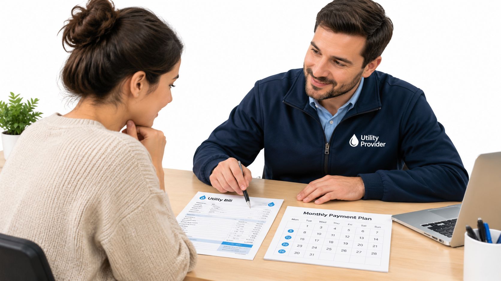A male utility company representative advises a female customer sitting at a desk with bills and a calendar.