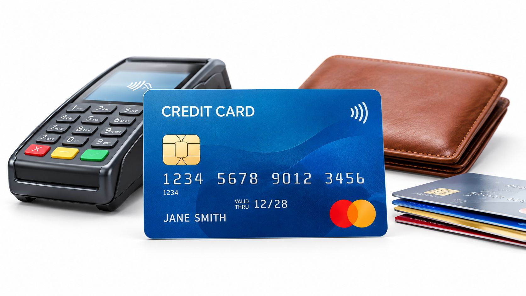 A blue credit card, a payment terminal, and a leather wallet on a clean white background.