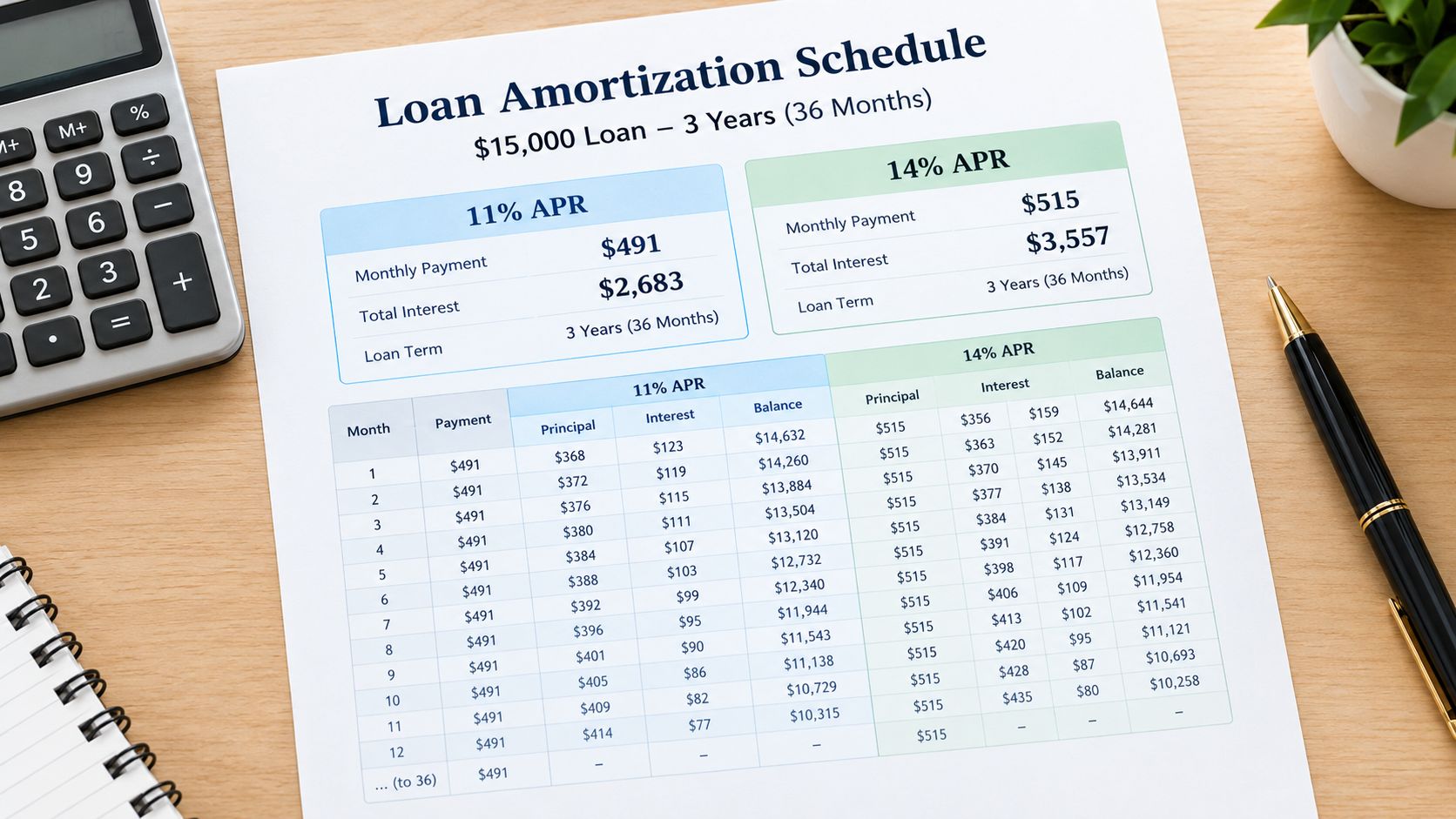 A document showing a loan amortization schedule comparing 11% and 14% APR for a 15000 dollar loan.