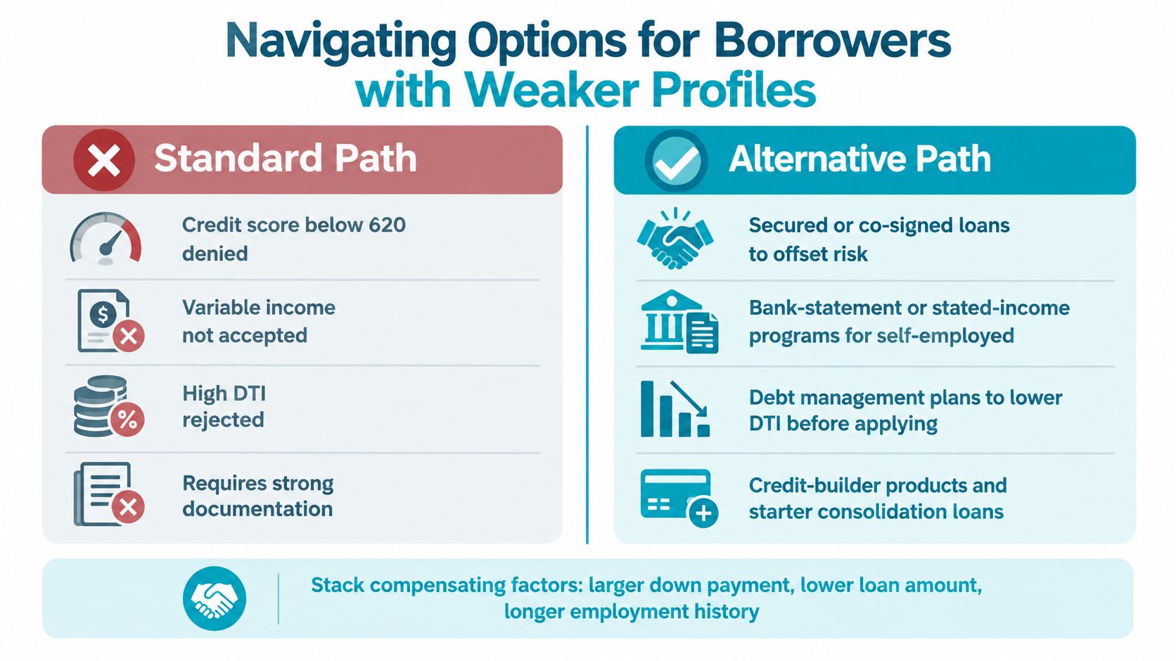 A comparison chart showing standard loan paths versus alternative options for borrowers with weaker financial profiles.