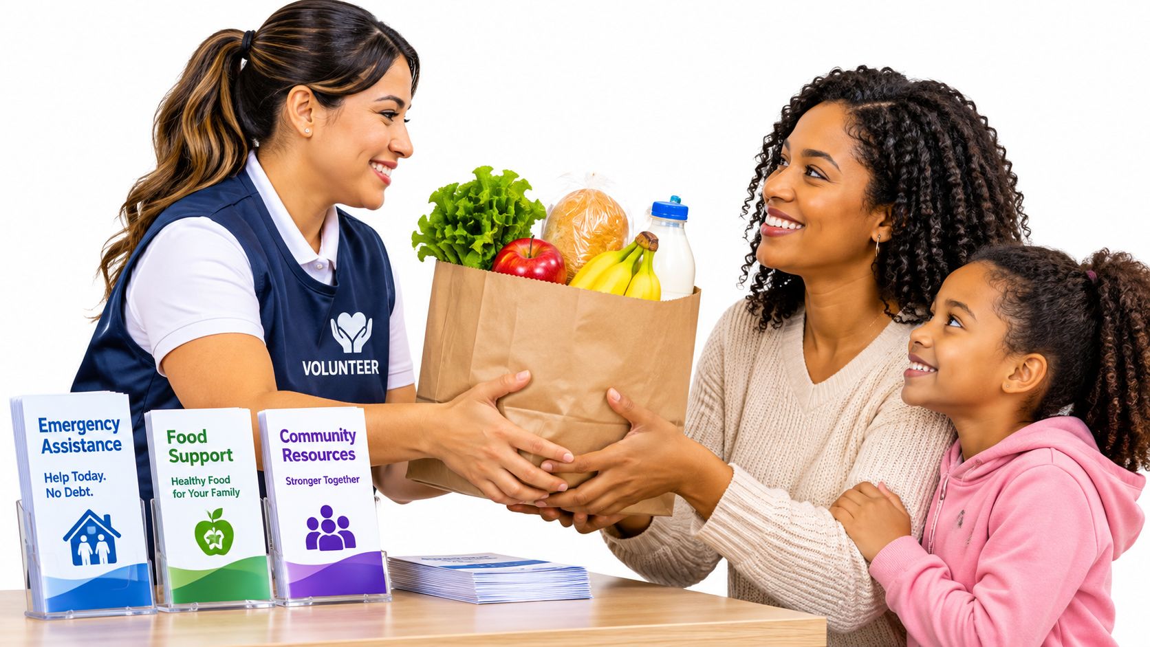 A smiling volunteer handing a paper grocery bag of fresh food to a woman and her child.