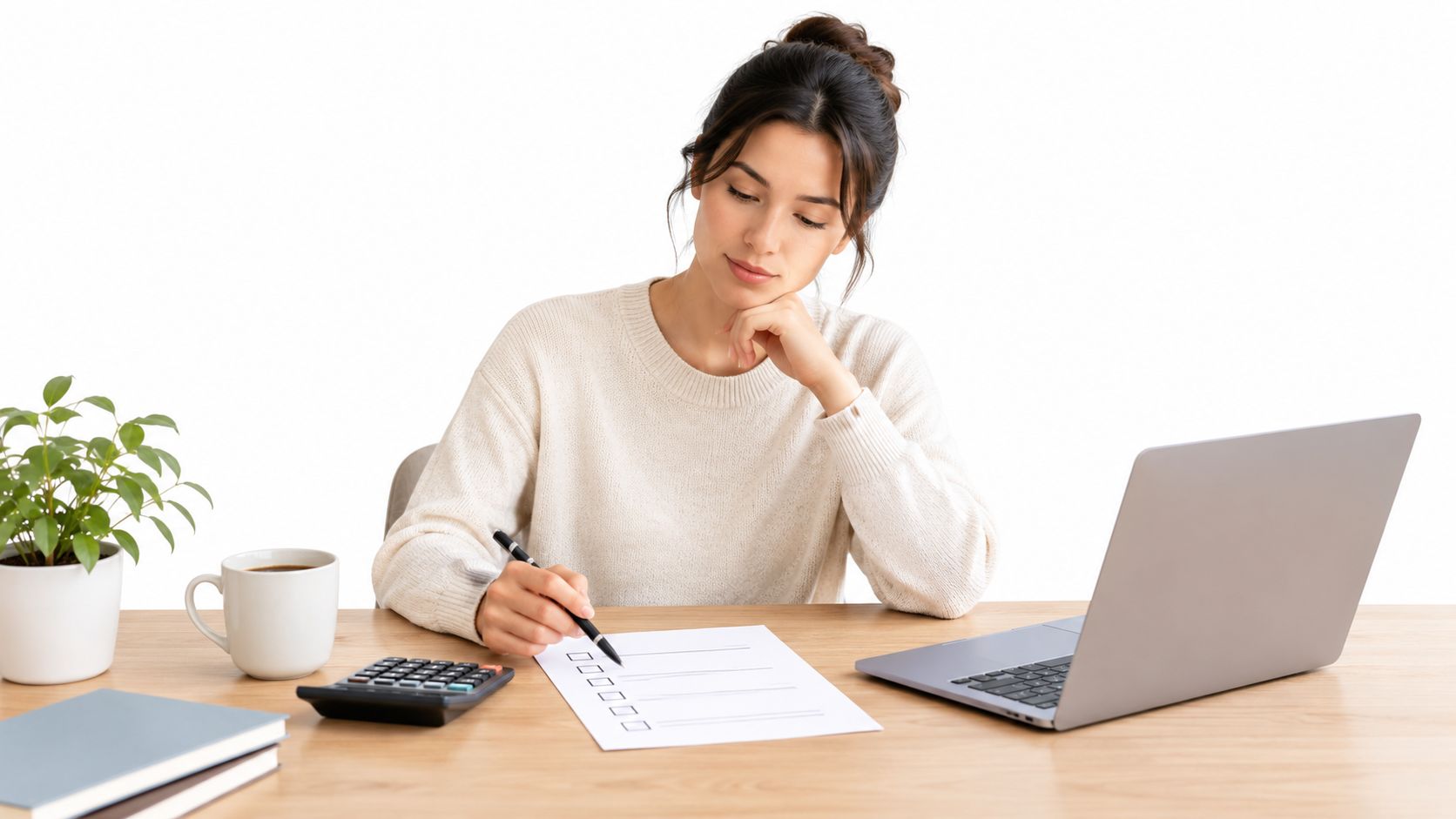 A woman working at a wooden desk with a laptop, calculator, and a checklist document.