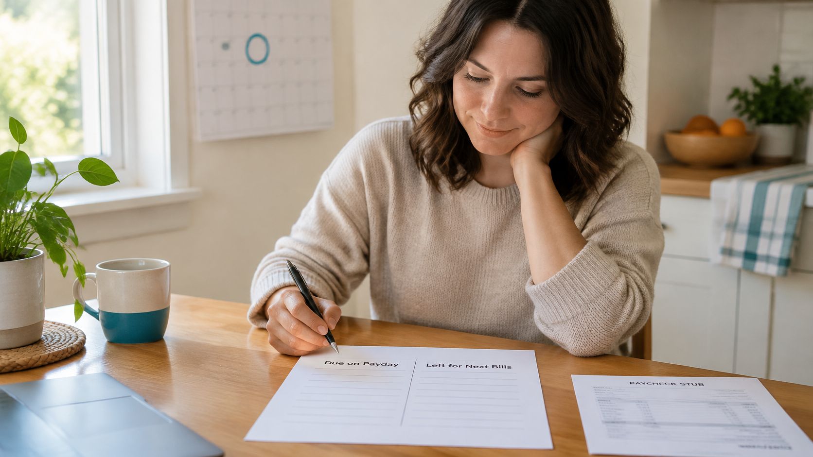 A woman reviewing her financial documents and filling out a budget sheet at a wooden desk.
