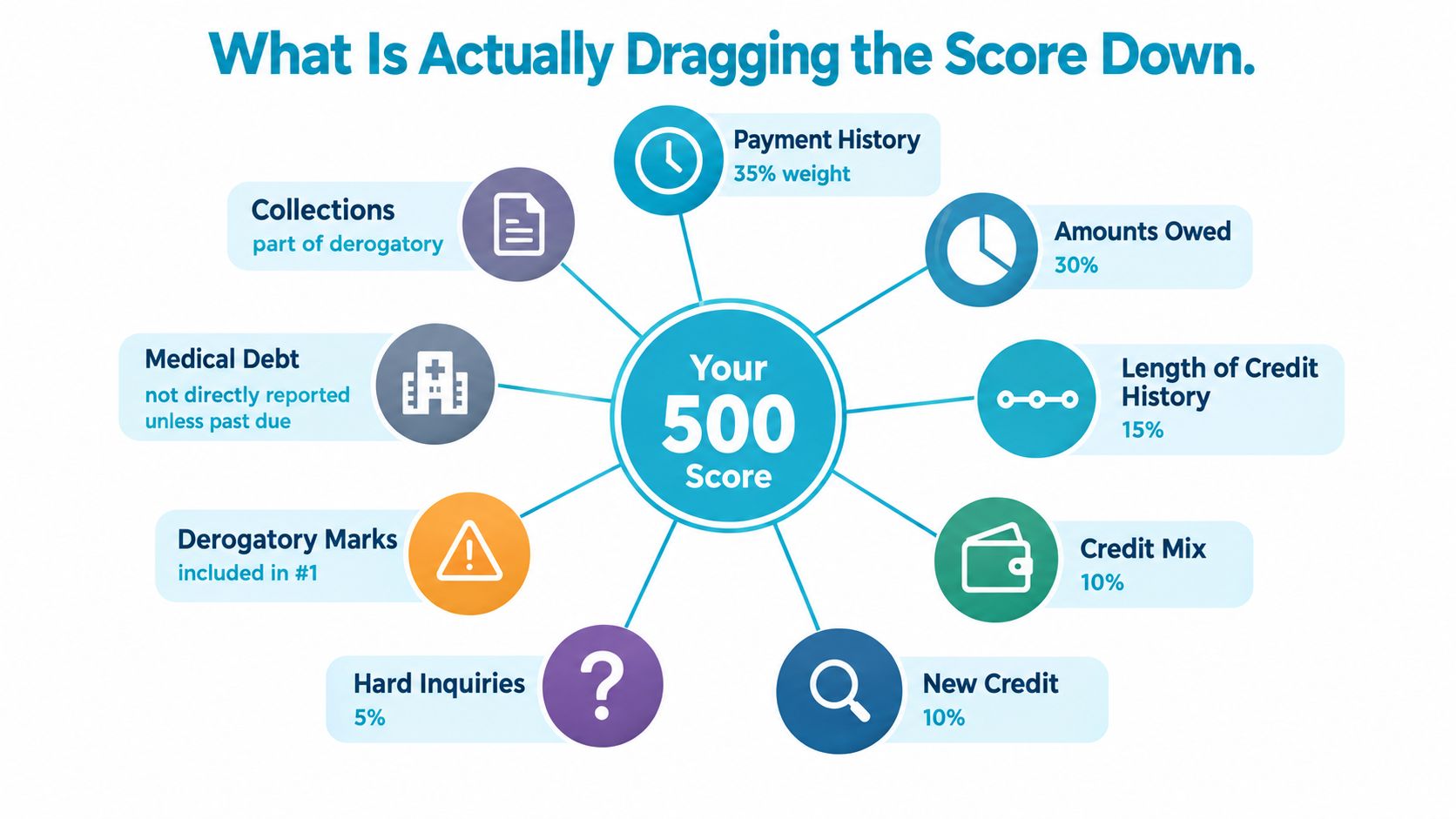 An infographic showing factors influencing a 500 credit score, including payment history, amounts owed, and other financial details.