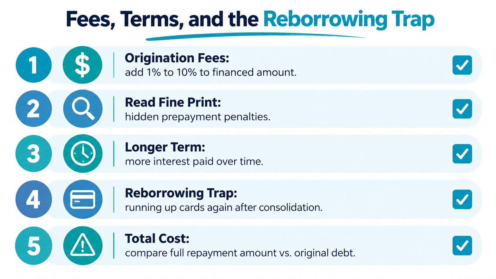 An infographic detailing five key risks to consider, including fees and traps, when consolidating debt with a loan.