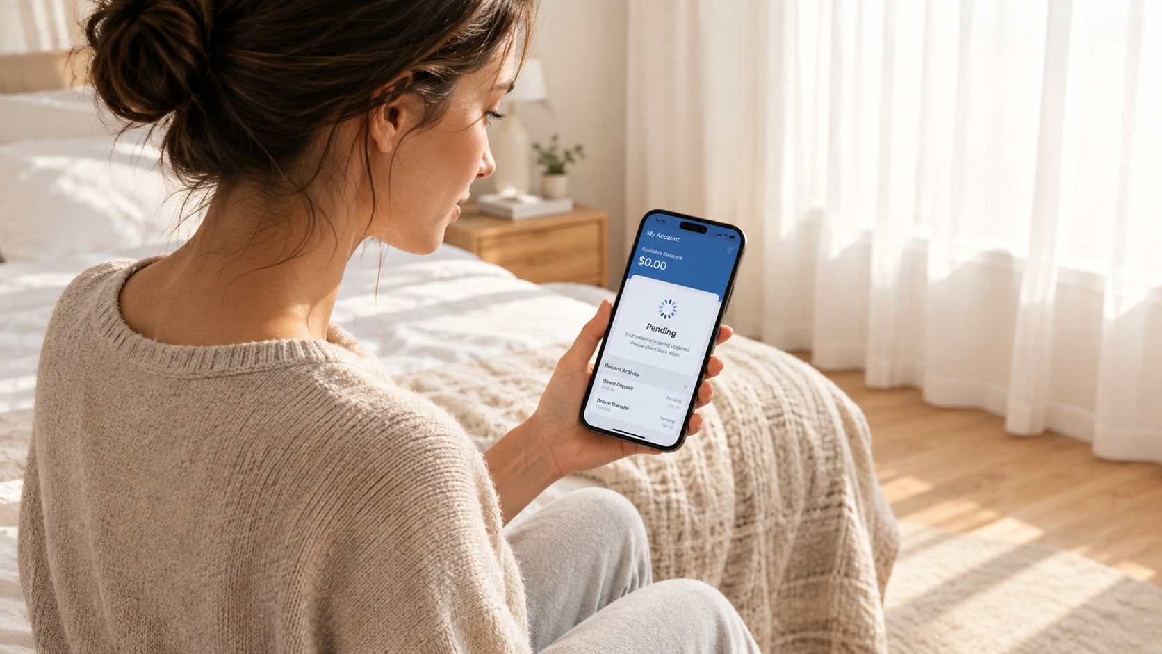 A woman sits on her bed checking a banking app on her phone that displays pending transactions.