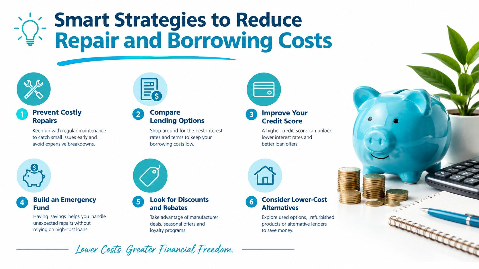 A financial infographic showing six smart strategies to reduce repair and borrowing costs with a piggy bank.