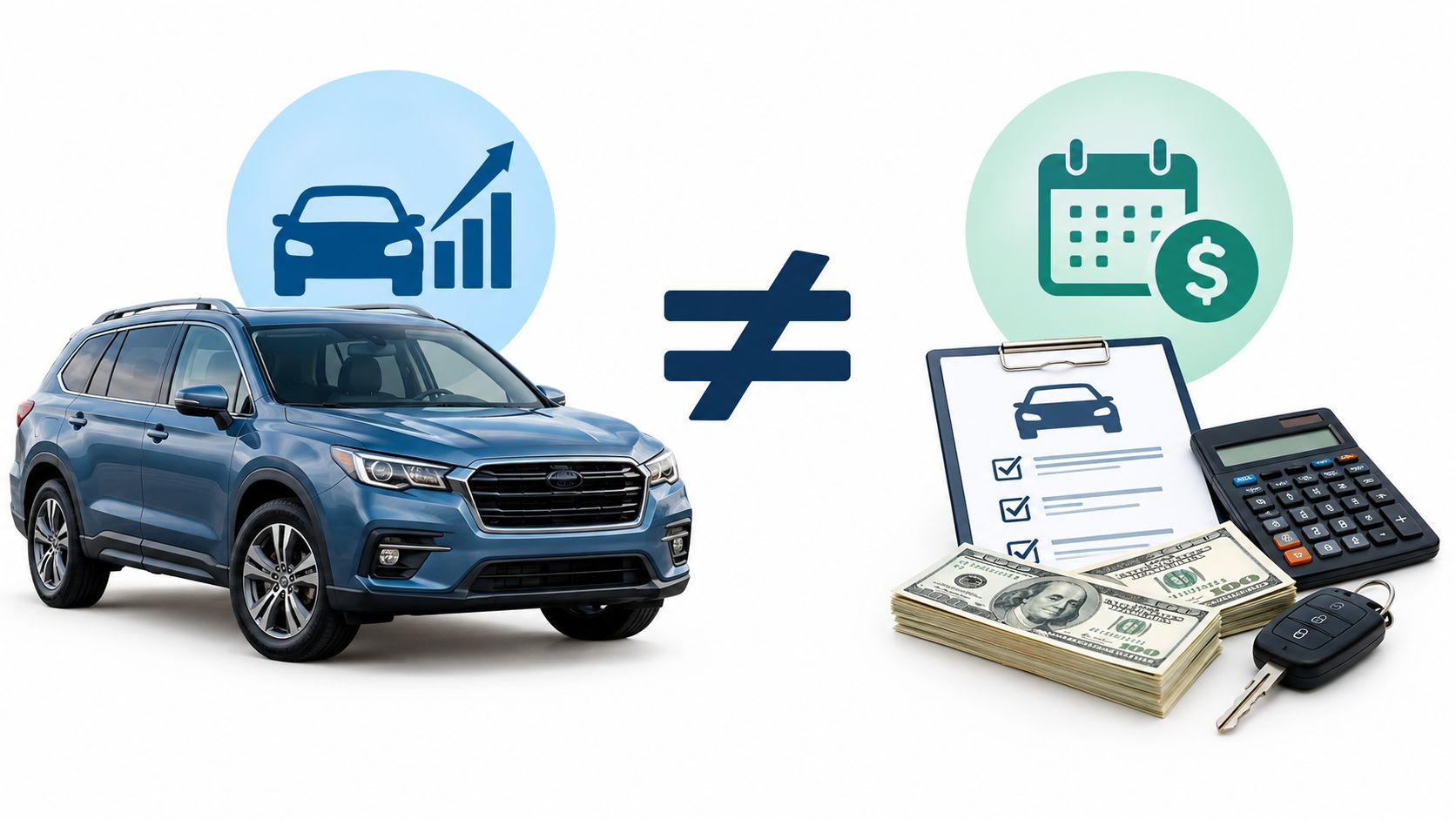 A blue SUV car is contrasted with a loan calculator, clipboard, and cash representing vehicle title loans.