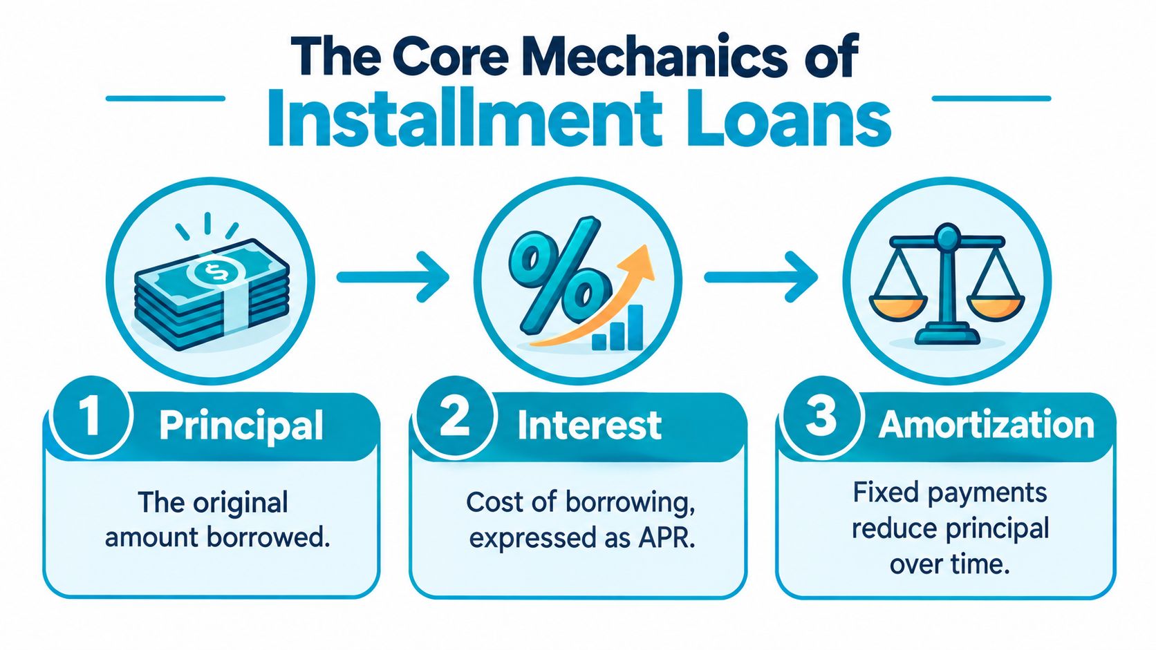 A diagram illustrating the core mechanics of installment loans, covering principal, interest, and amortization steps.