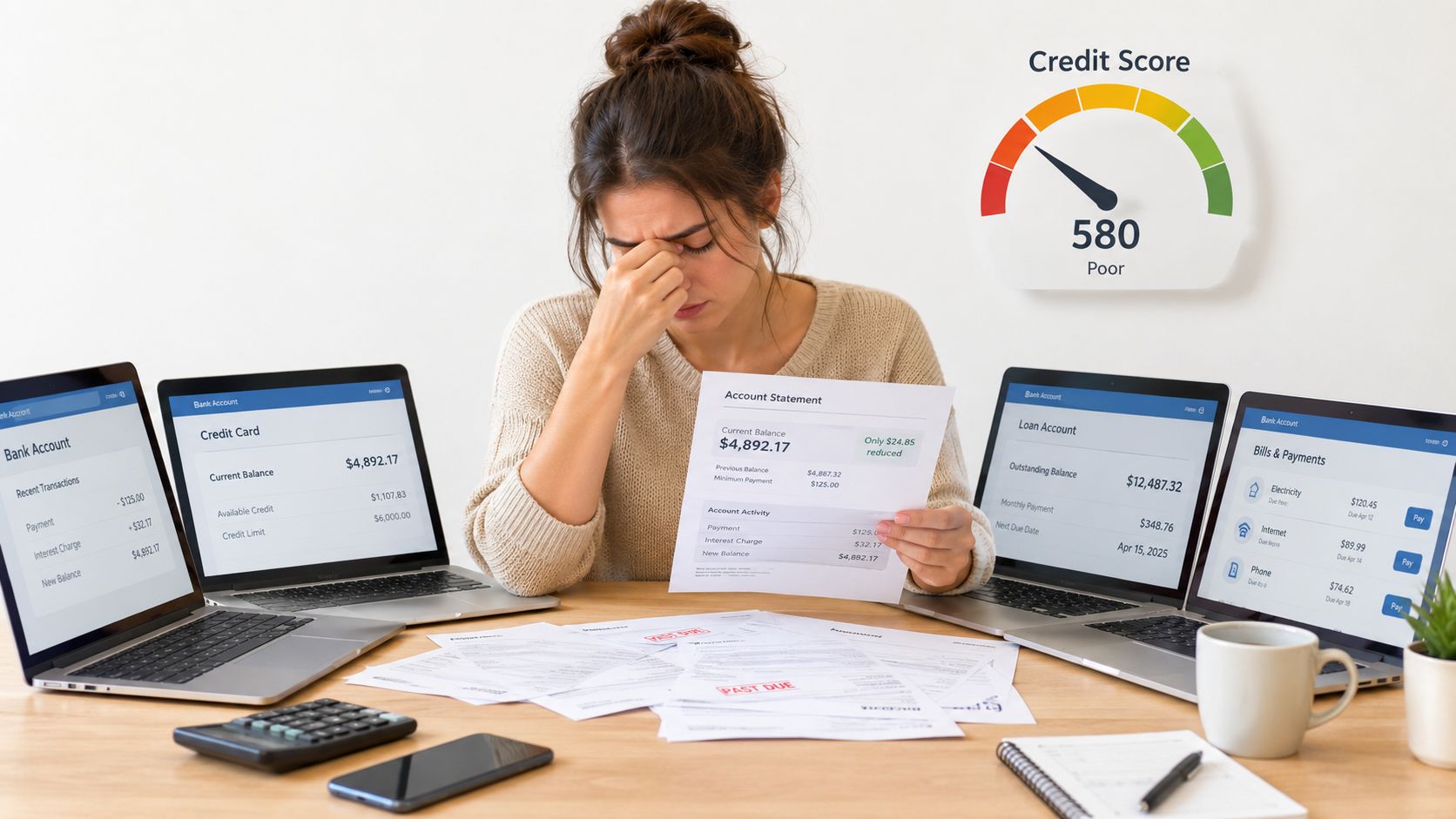 A stressed woman reviews financial documents and account balances while showing a poor credit score of 580.