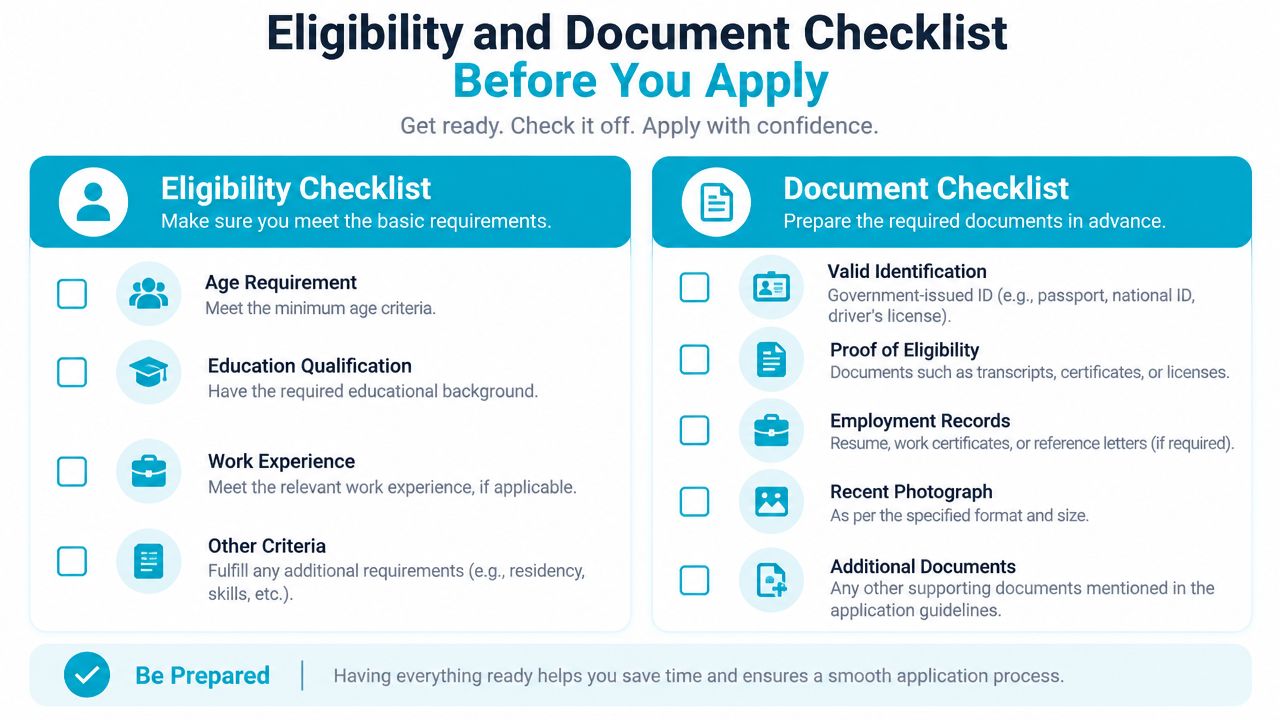 A checklist infographic outlining eligibility requirements and necessary documents for a formal application process.