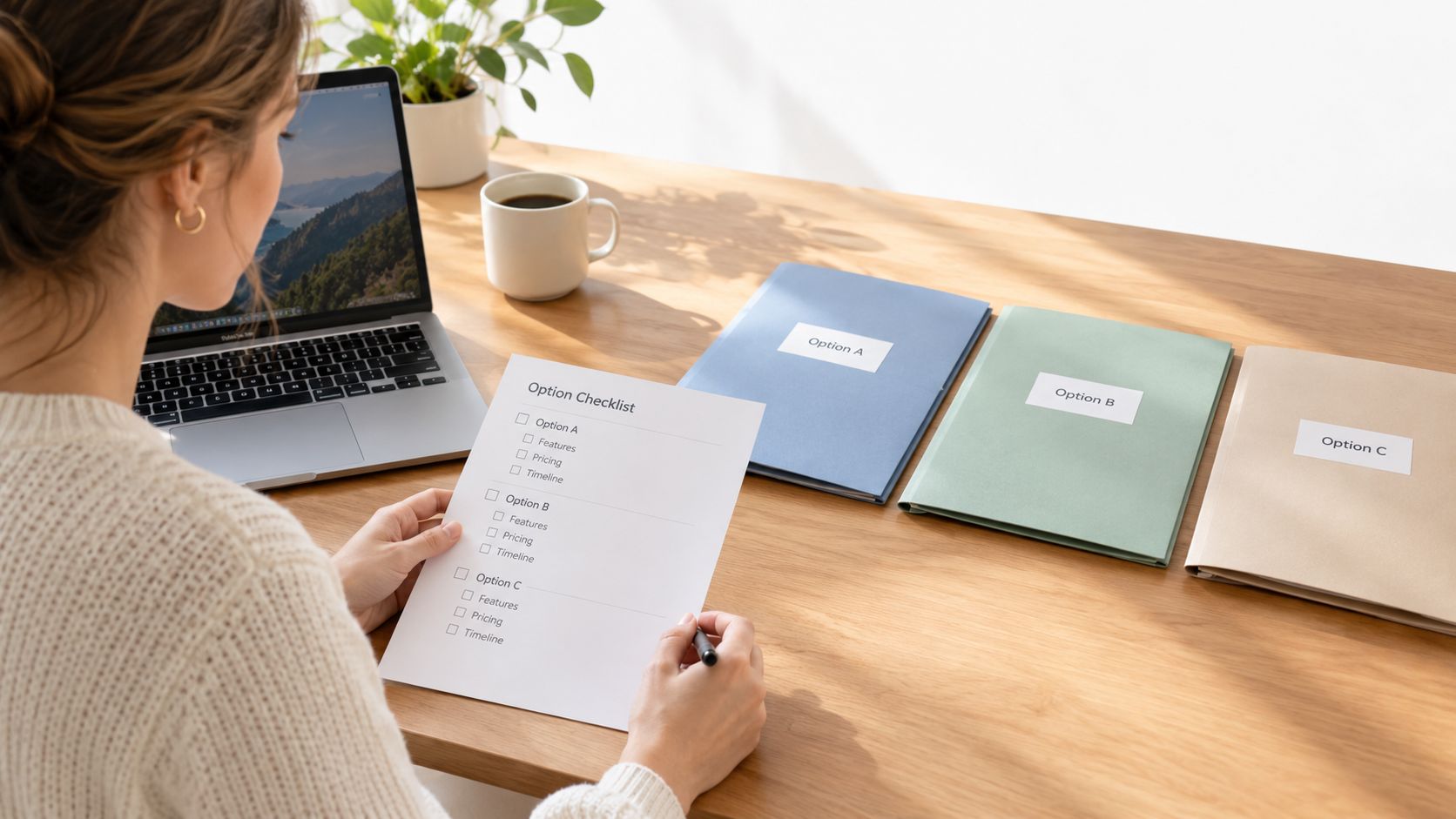 A person reviewing an option checklist while comparing three different project folders on a wooden desk.