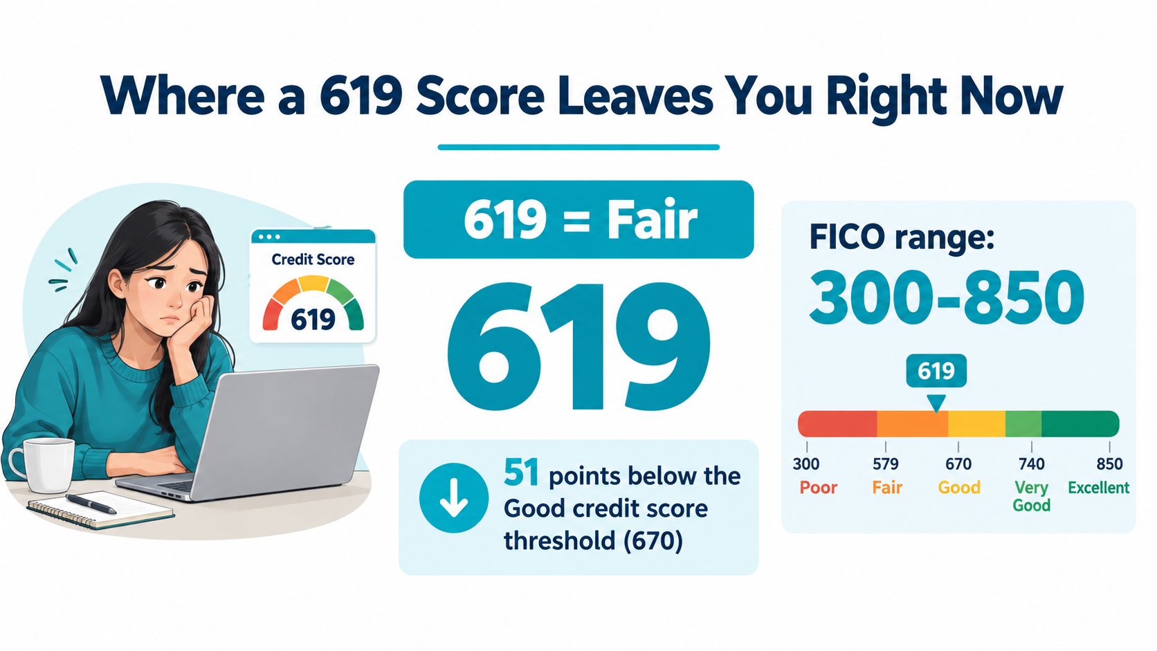 A woman looks concerned at her computer while an infographic displays a 619 fair FICO credit score.
