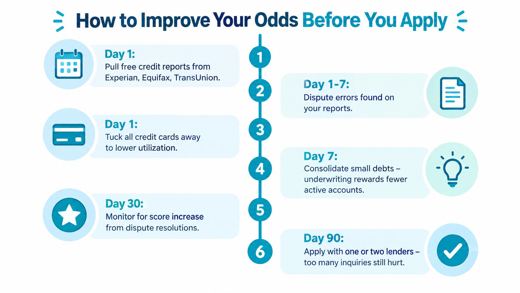 A step-by-step infographic titled How to Improve Your Odds Before You Apply, showing credit management strategies.