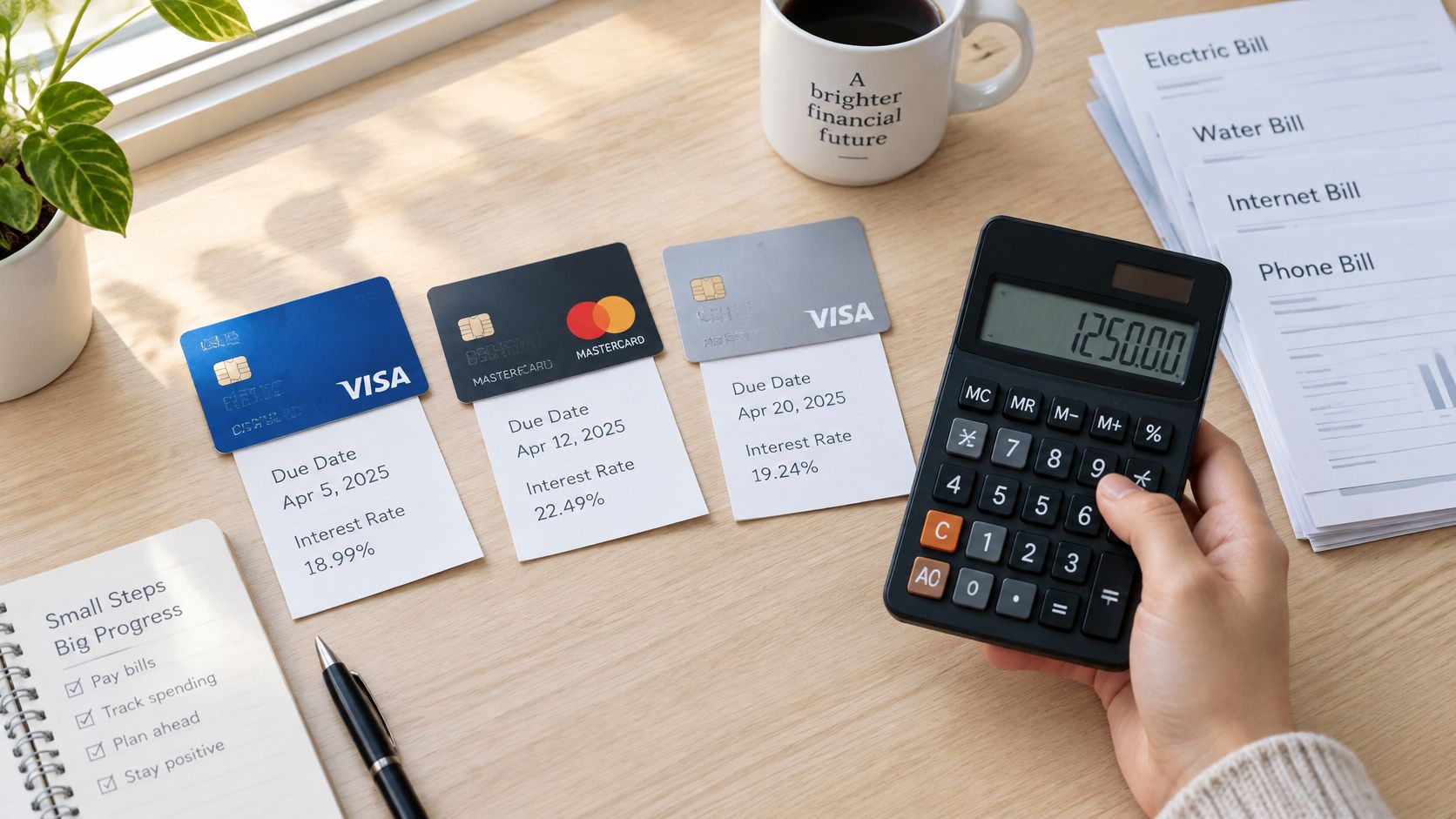 Person calculating debt with credit cards and bills on a desk for financial planning purposes.