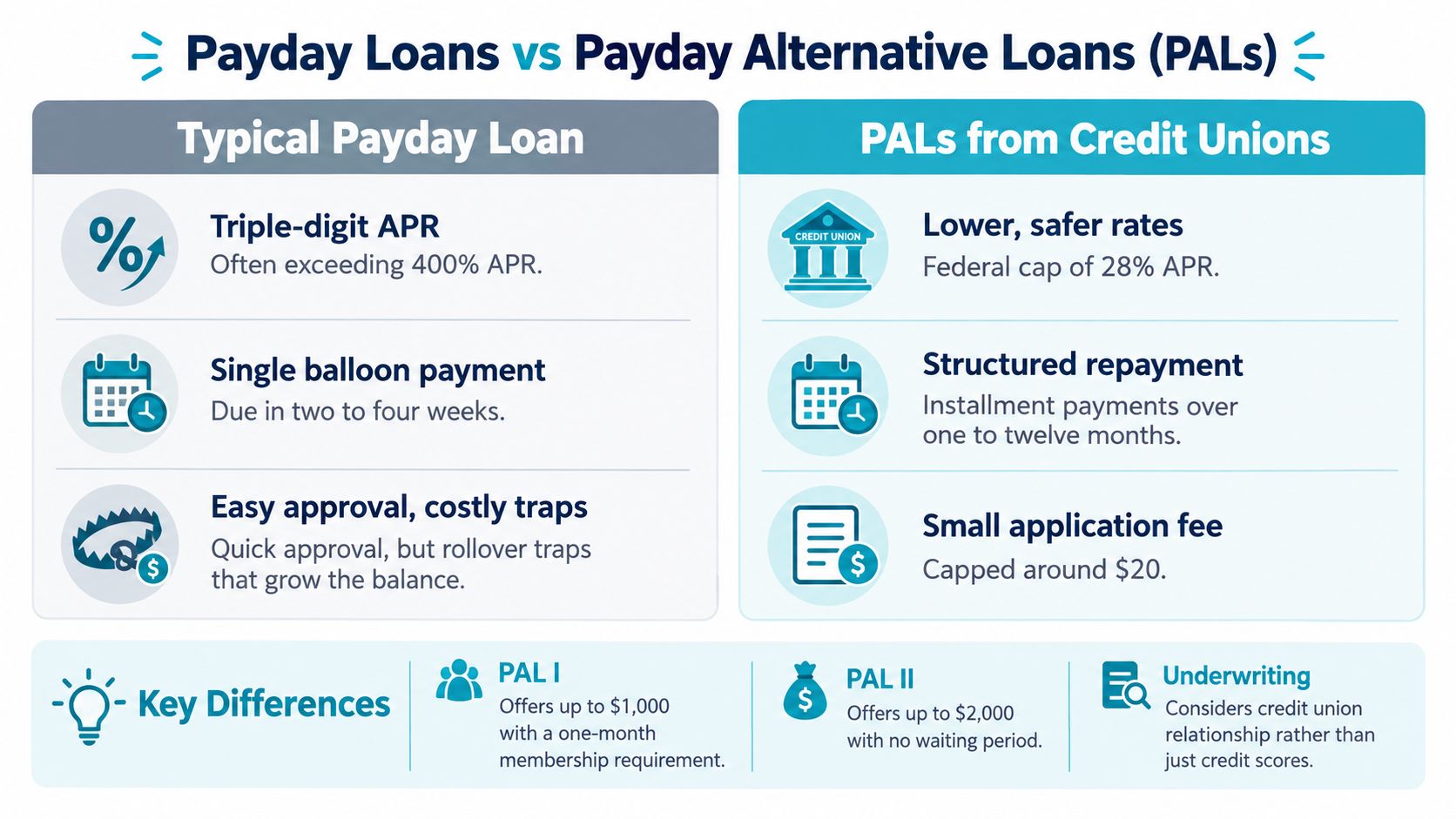 A comparison chart showing the differences between typical high-interest payday loans and affordable payday alternative loans from credit unions.