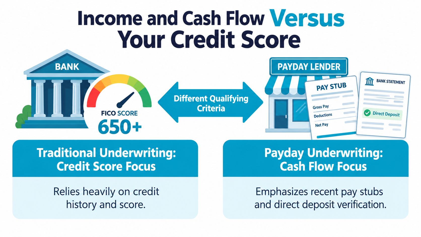 An infographic comparing traditional bank credit score underwriting requirements versus payday lender cash flow verification methods.