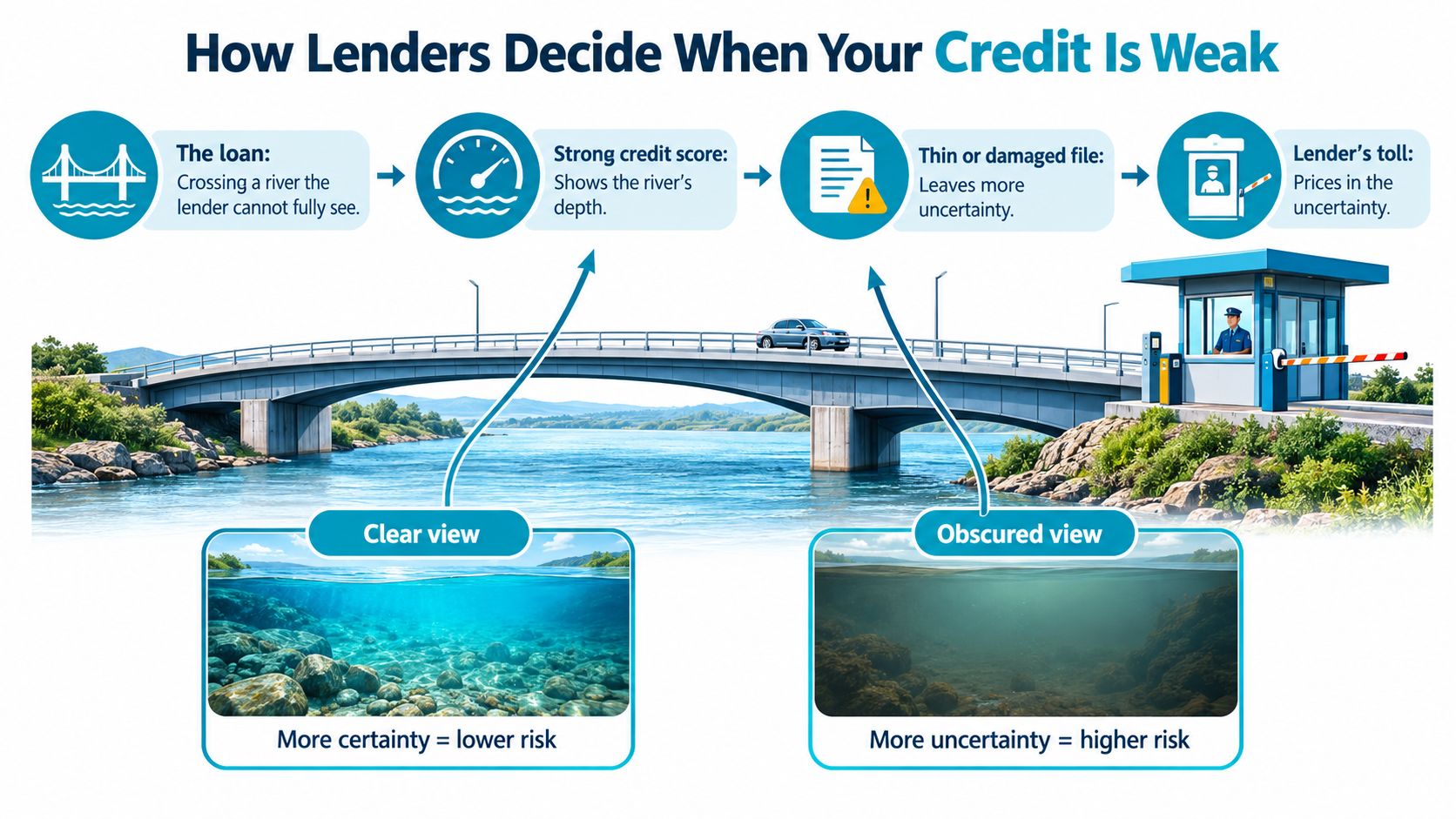 An infographic illustrating how lenders assess risk by comparing a loan to crossing a bridge over water.