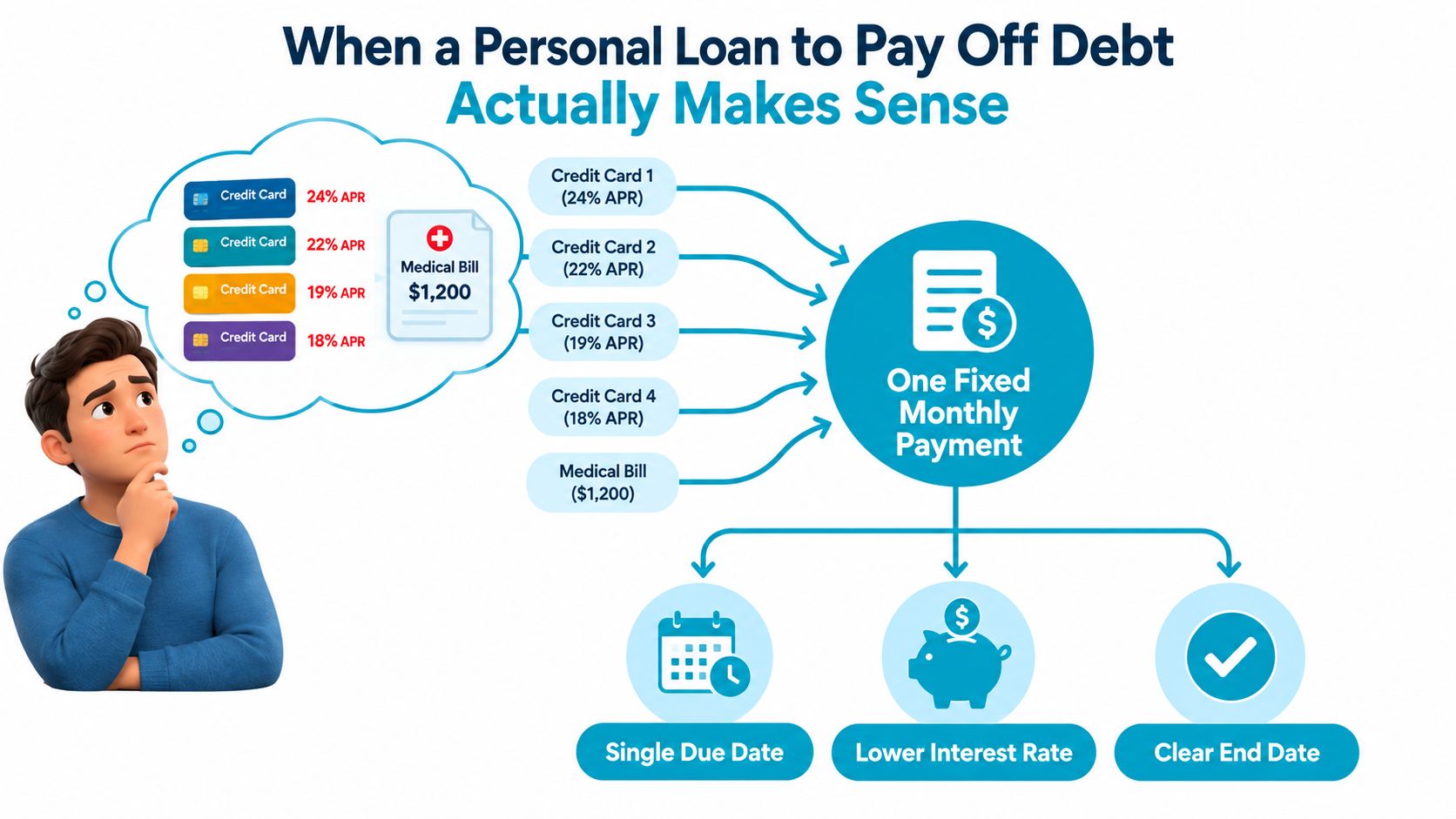 A person considering consolidating multiple high-interest credit card debts and a medical bill into one loan.