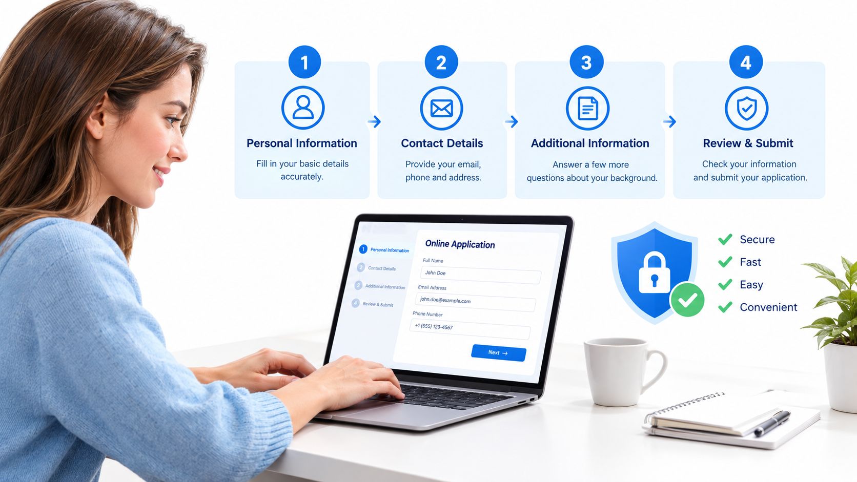 A woman working on an online application process on her laptop with a four-step guide shown.