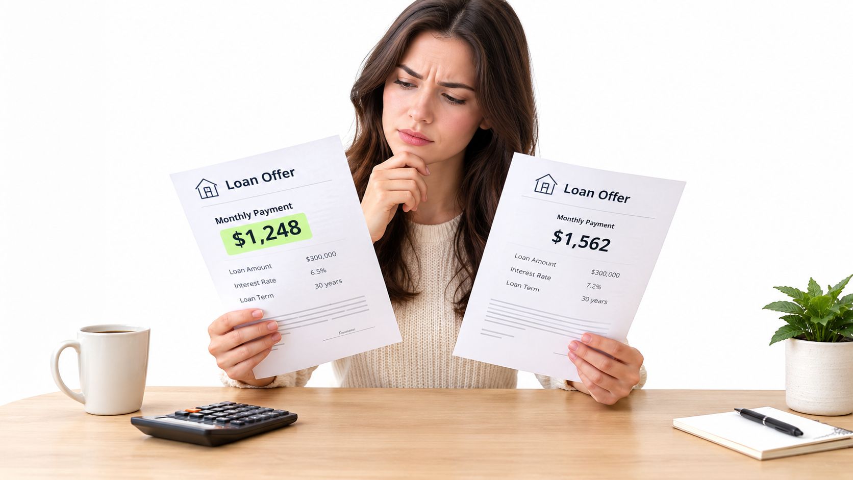 A concerned woman sitting at a desk compares two different mortgage loan offers with different payment terms.