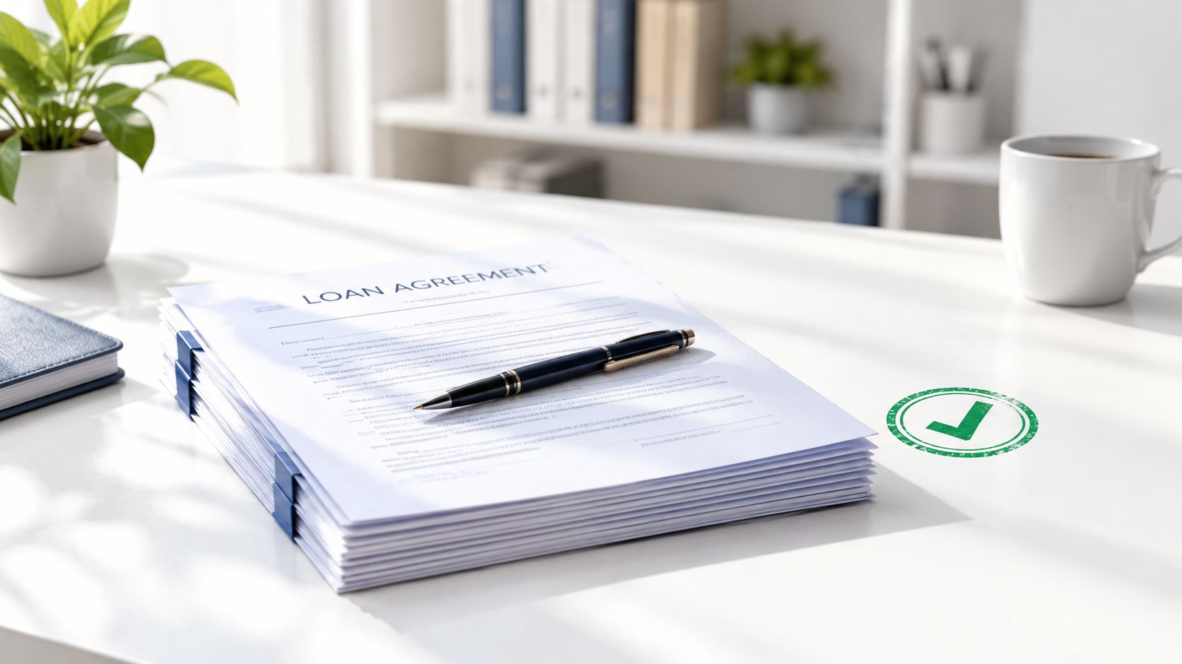 A stack of loan agreement documents and a black pen resting on a bright office desk.