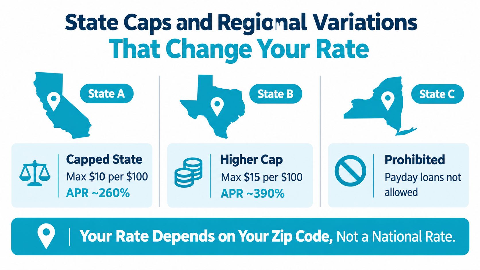 An infographic showing how payday loan rates and legal regulations vary by US state and location.
