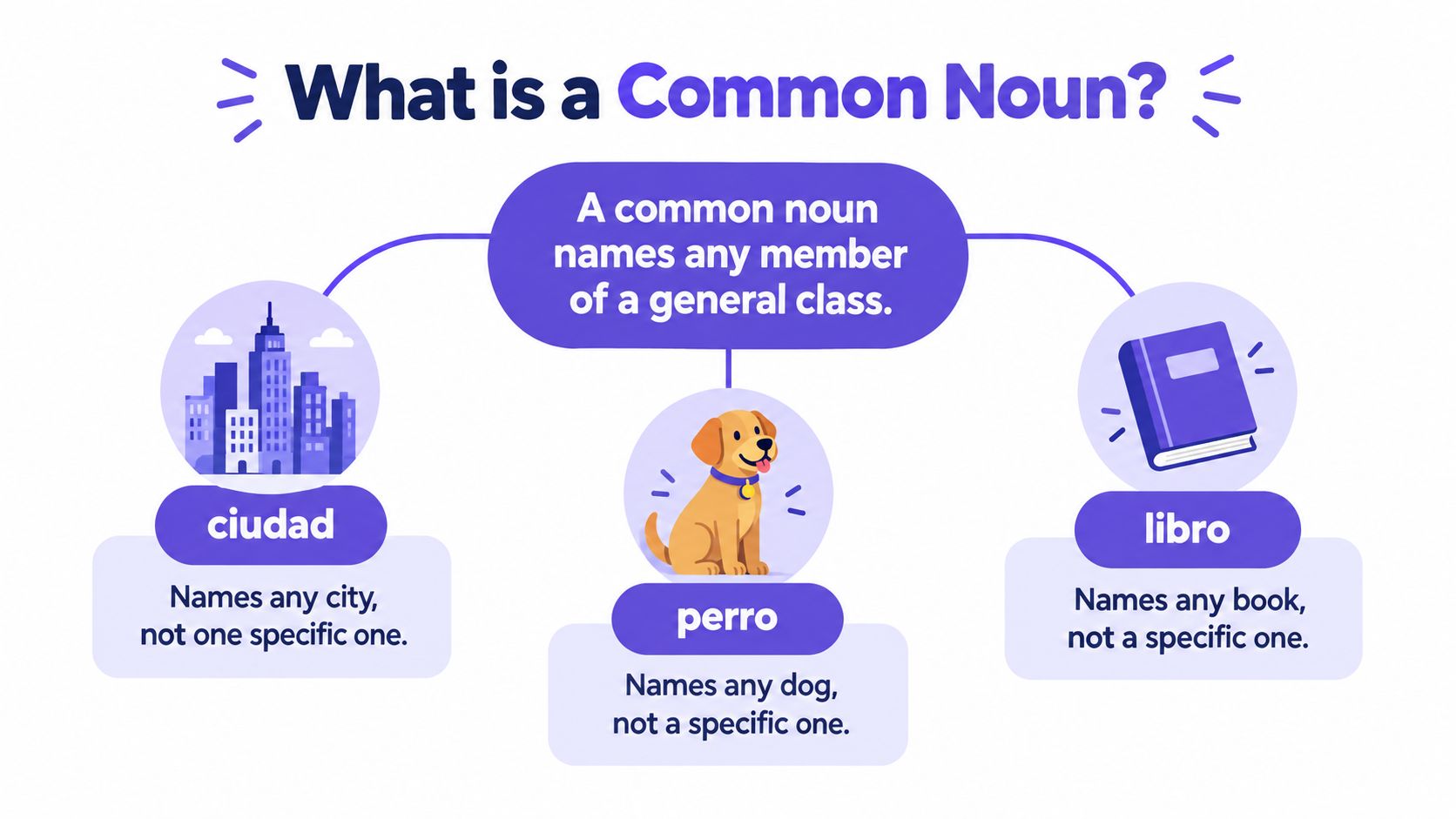 An educational infographic explaining the concept of common nouns in both Spanish and English.