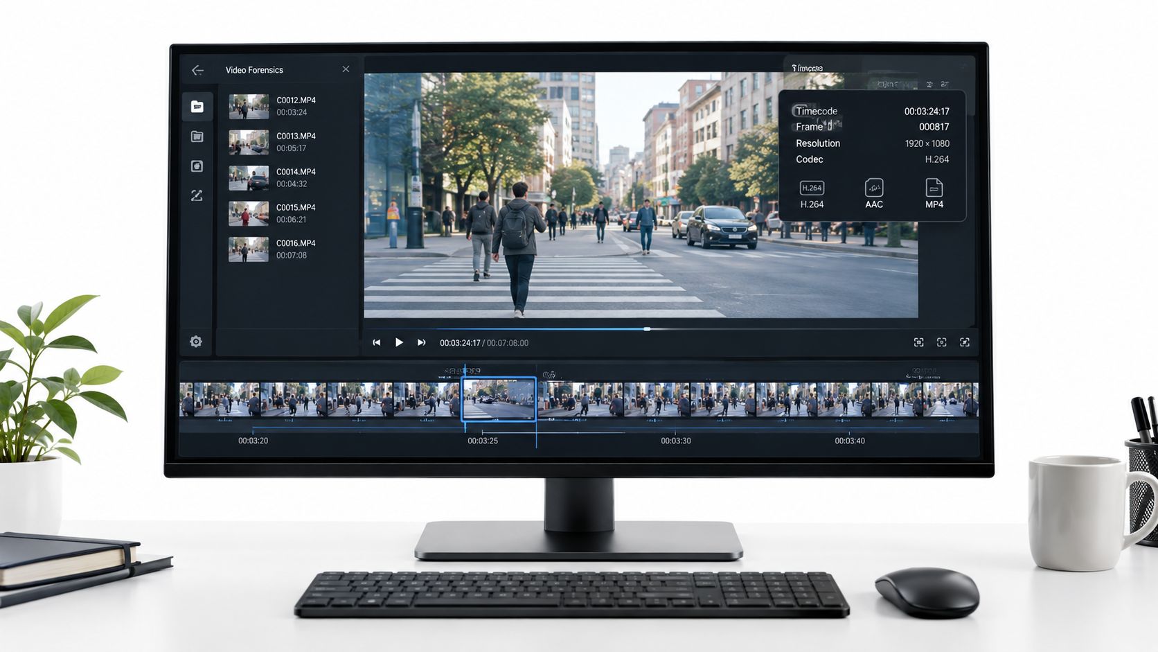 A desktop computer screen showing video editing software with a timeline displaying footage of a city street.