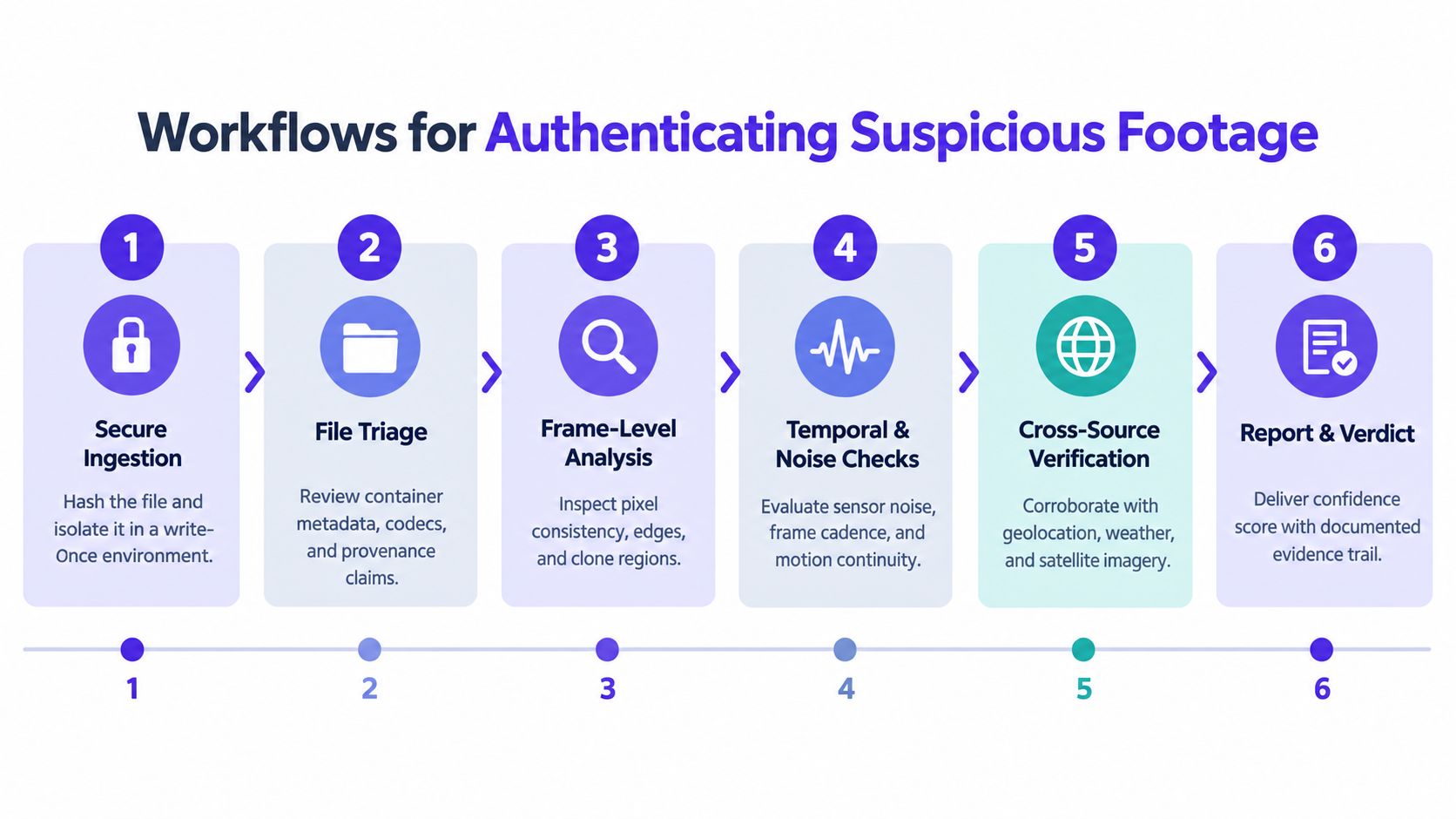 A six-step infographic workflow illustrating the process for authenticating suspicious video footage for forensic analysis.
