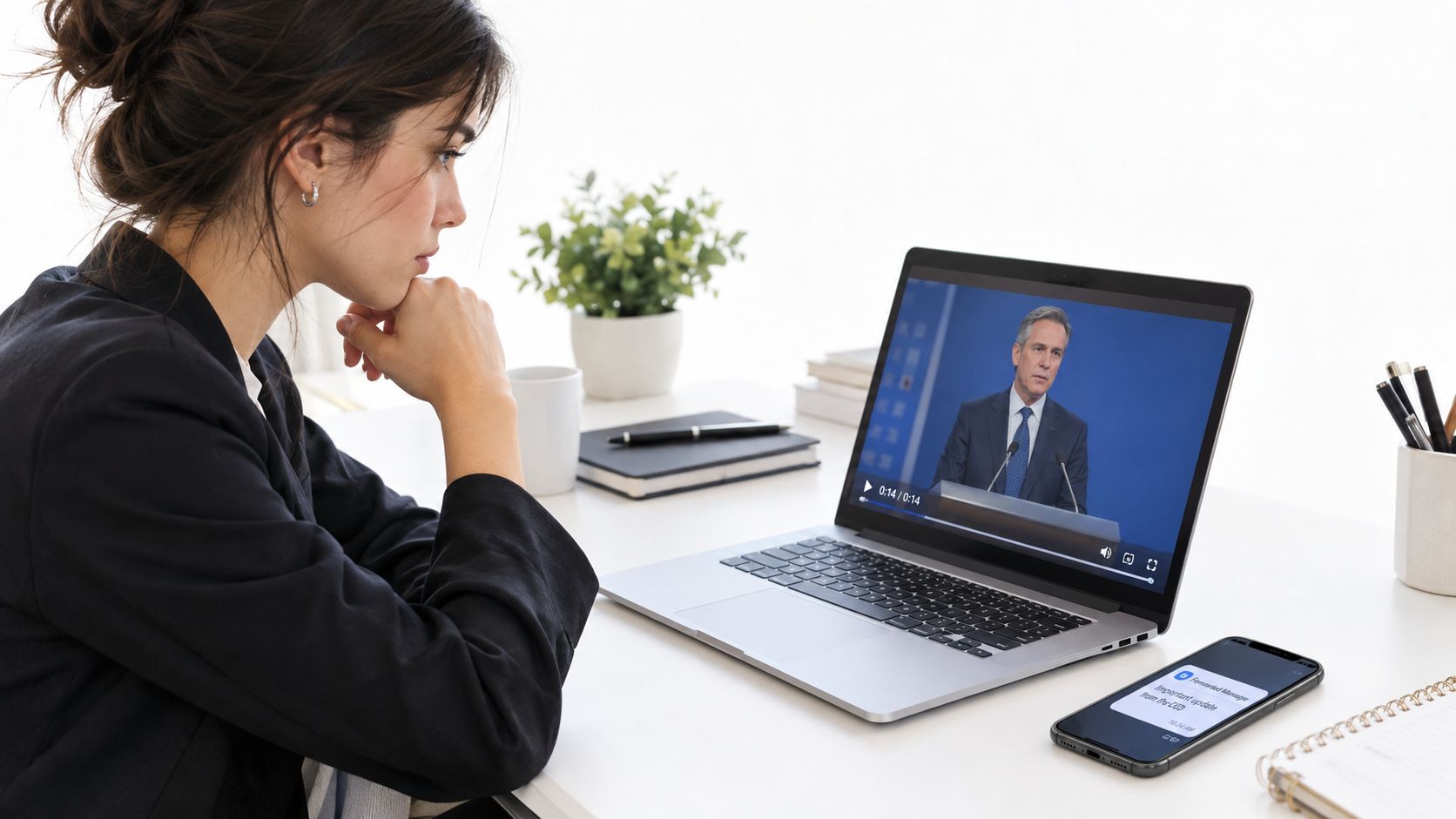 A professional woman in a suit watches a live video briefing on her laptop at her desk.