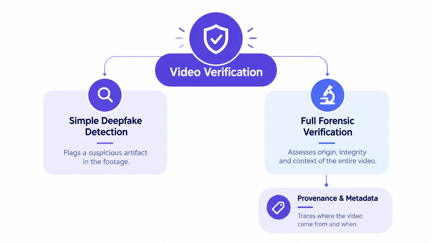 A diagram illustrating the video verification process including simple deepfake detection and full forensic integrity analysis.