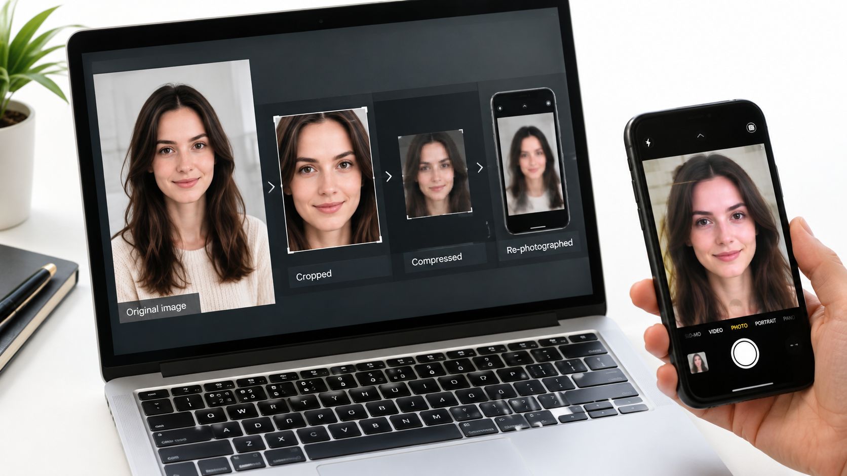 A laptop screen showing a deepfake detection process compared against a person holding a smartphone taking a photo.