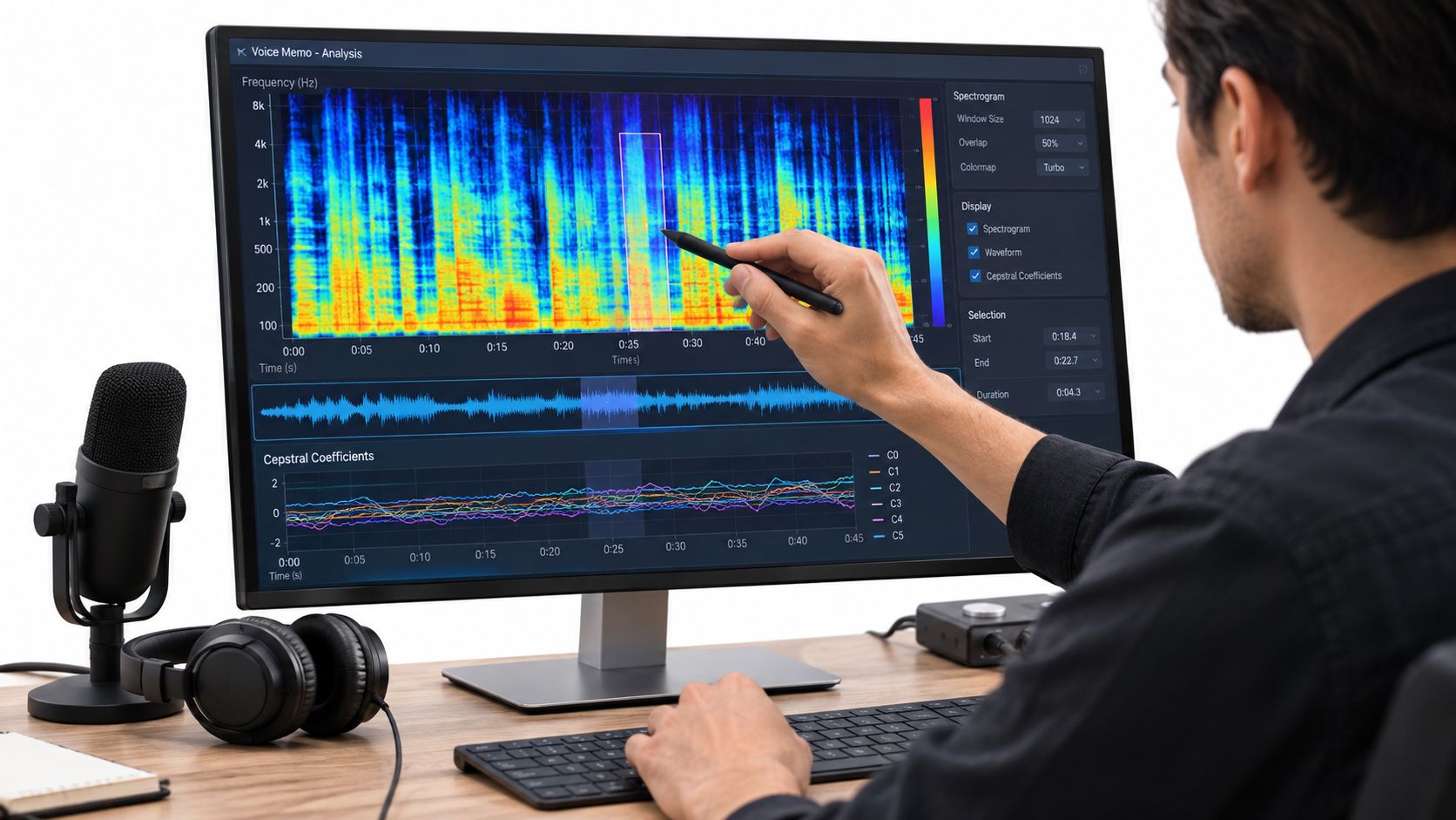 A person analyzing audio data using a spectrograph on a computer monitor with a microphone nearby.