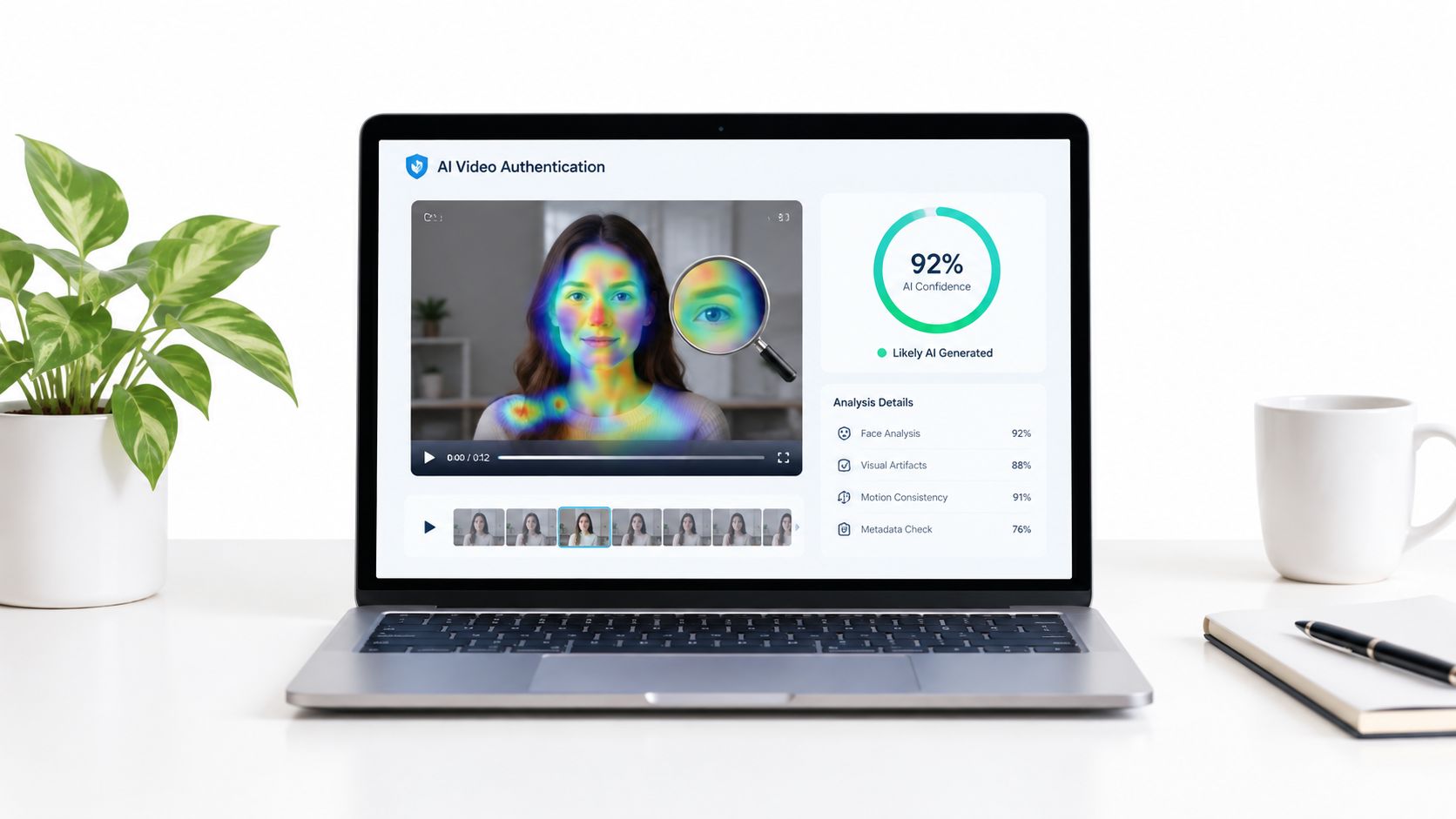 A laptop screen displaying an AI video authentication tool with confidence metrics and heatmap analysis for deepfake detection.