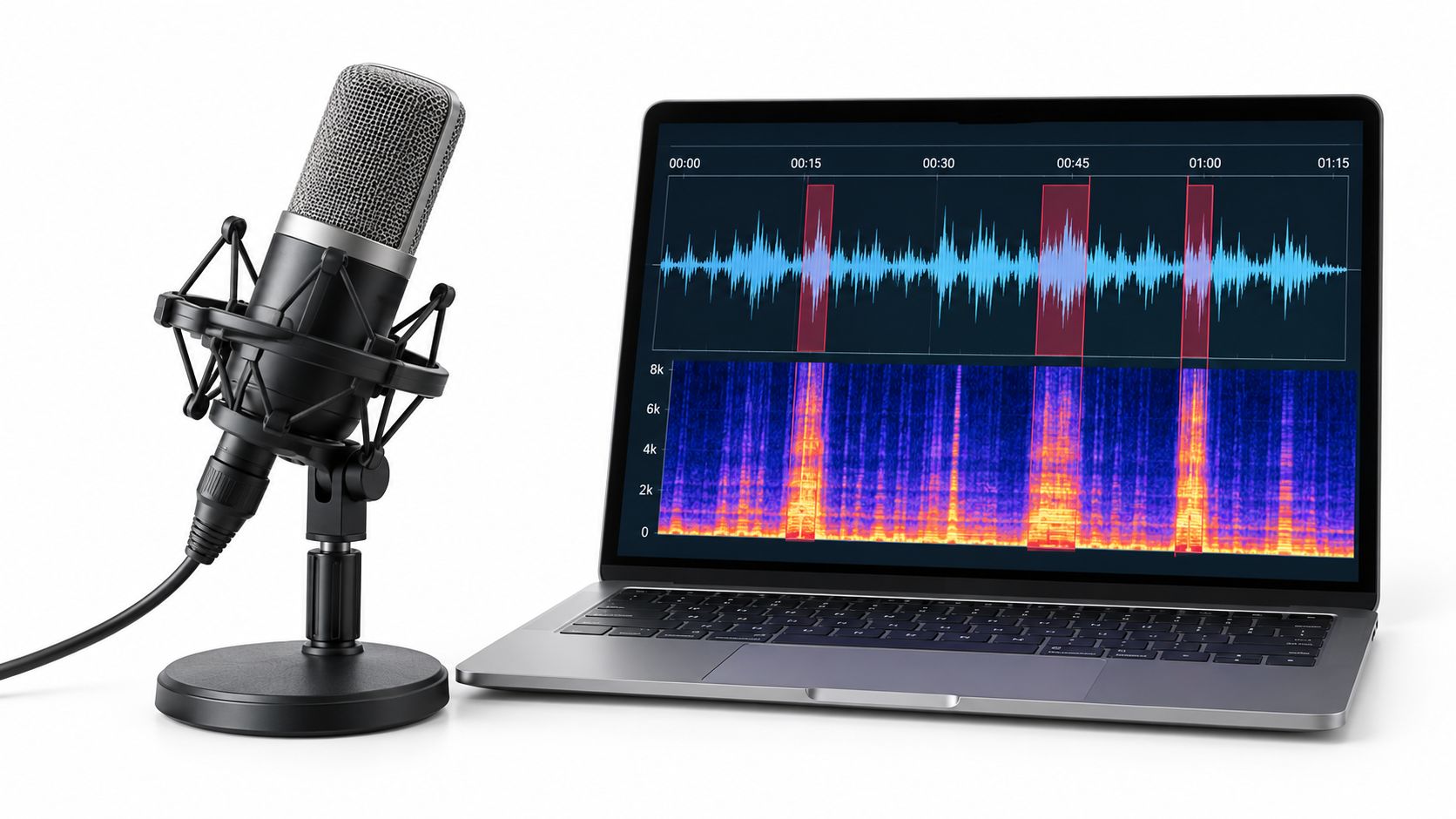 A professional studio microphone next to a laptop displaying audio waveforms and a sound frequency spectrogram.