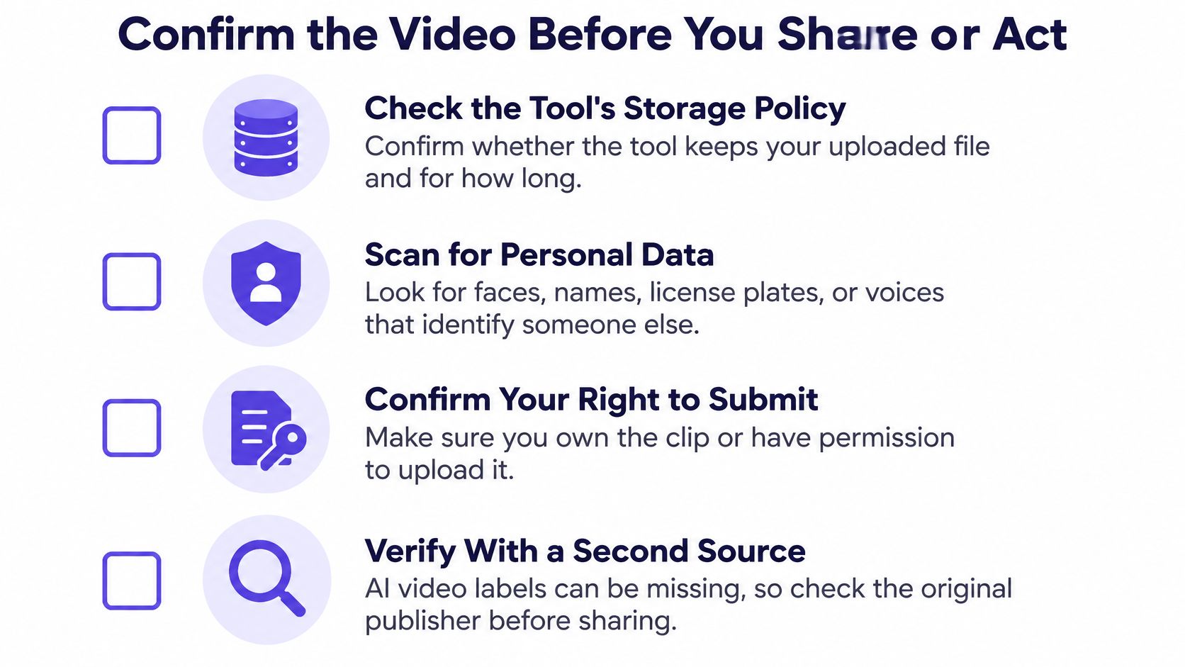 An infographic checklist for verifying videos before sharing or acting, covering privacy, rights, and source verification.