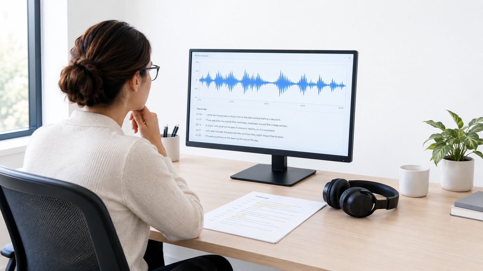 A professional woman in an office reviews audio analysis data and transcripts on a desktop computer monitor.