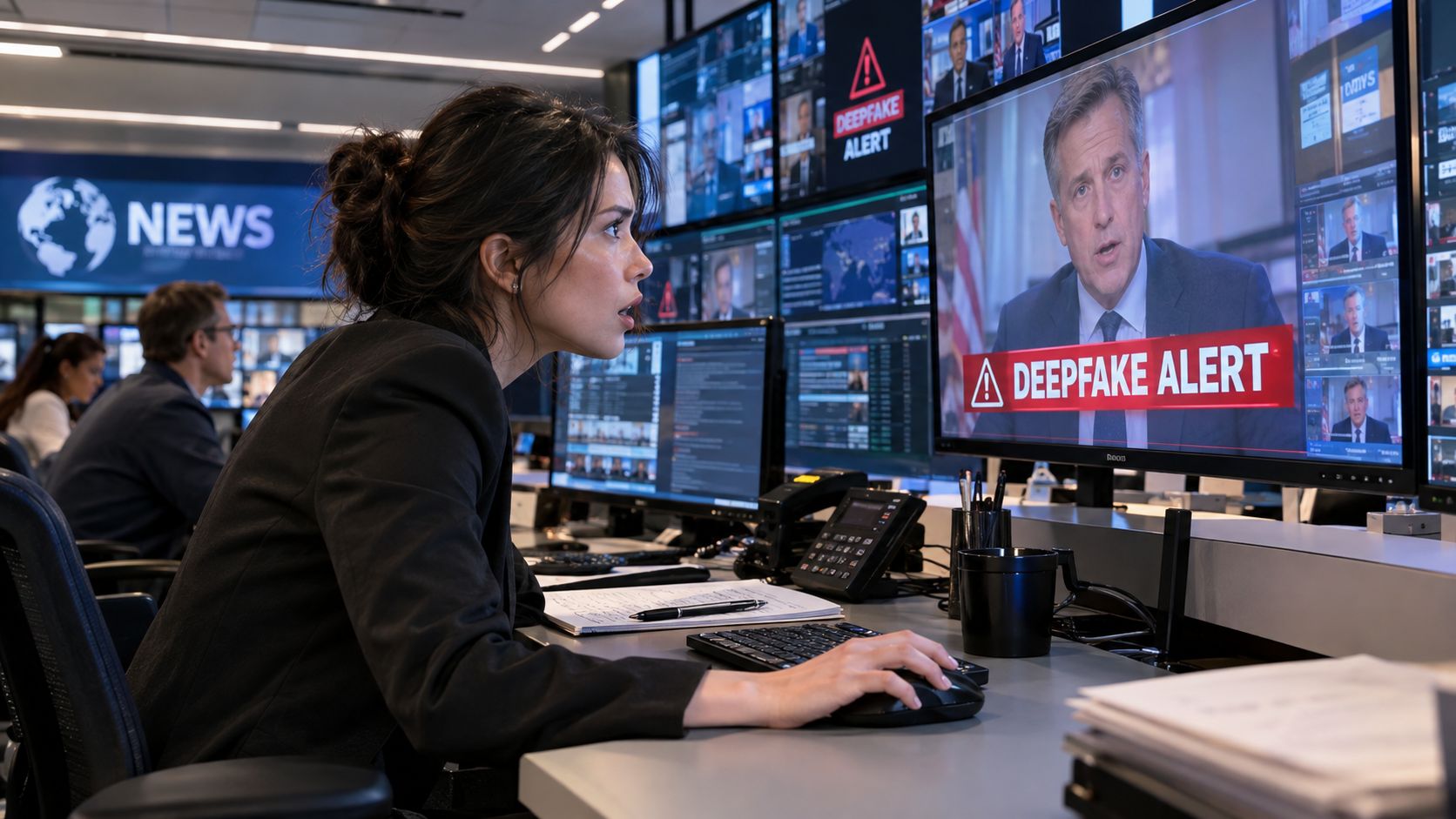A concerned woman analyzing a news broadcast displaying a deepfake alert on a monitor in an office.