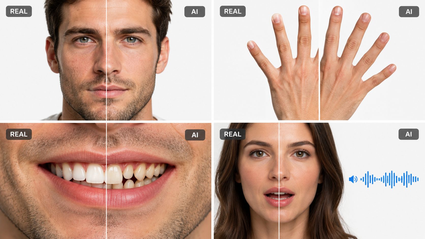 A composite image displaying real versus AI-generated examples of human faces, hands, teeth, and audio waveforms.