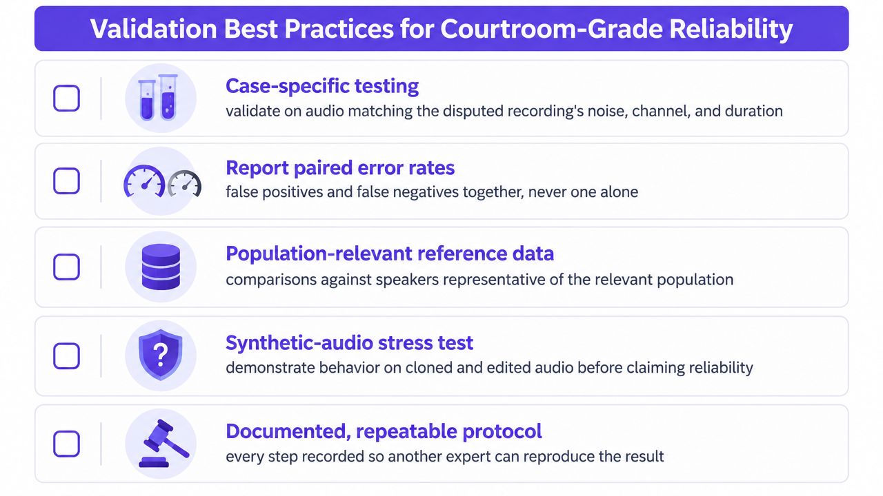 A chart listing five best practices for ensuring courtroom-grade reliability in forensic voice analysis and validation.