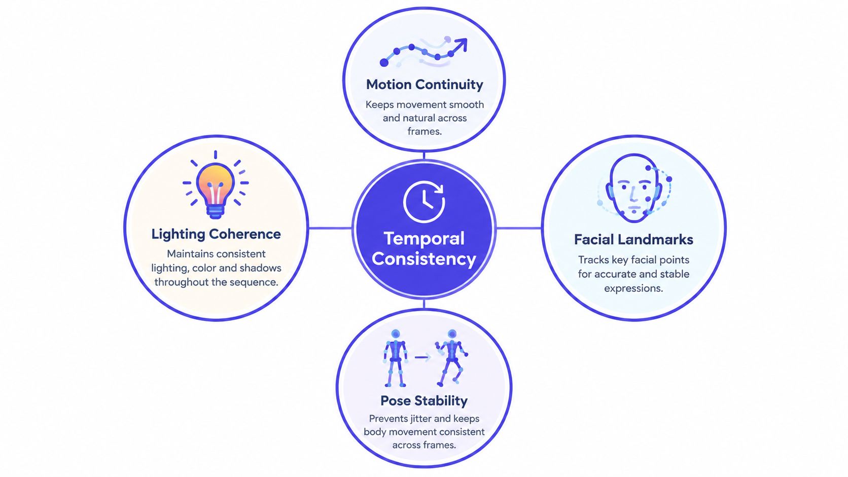 A diagram illustrating four key pillars of temporal consistency: motion continuity, lighting coherence, facial landmarks, and pose stability.