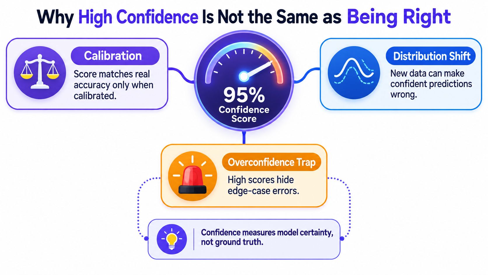 A diagram explaining why high machine learning confidence scores do not guarantee accurate or correct predictions.