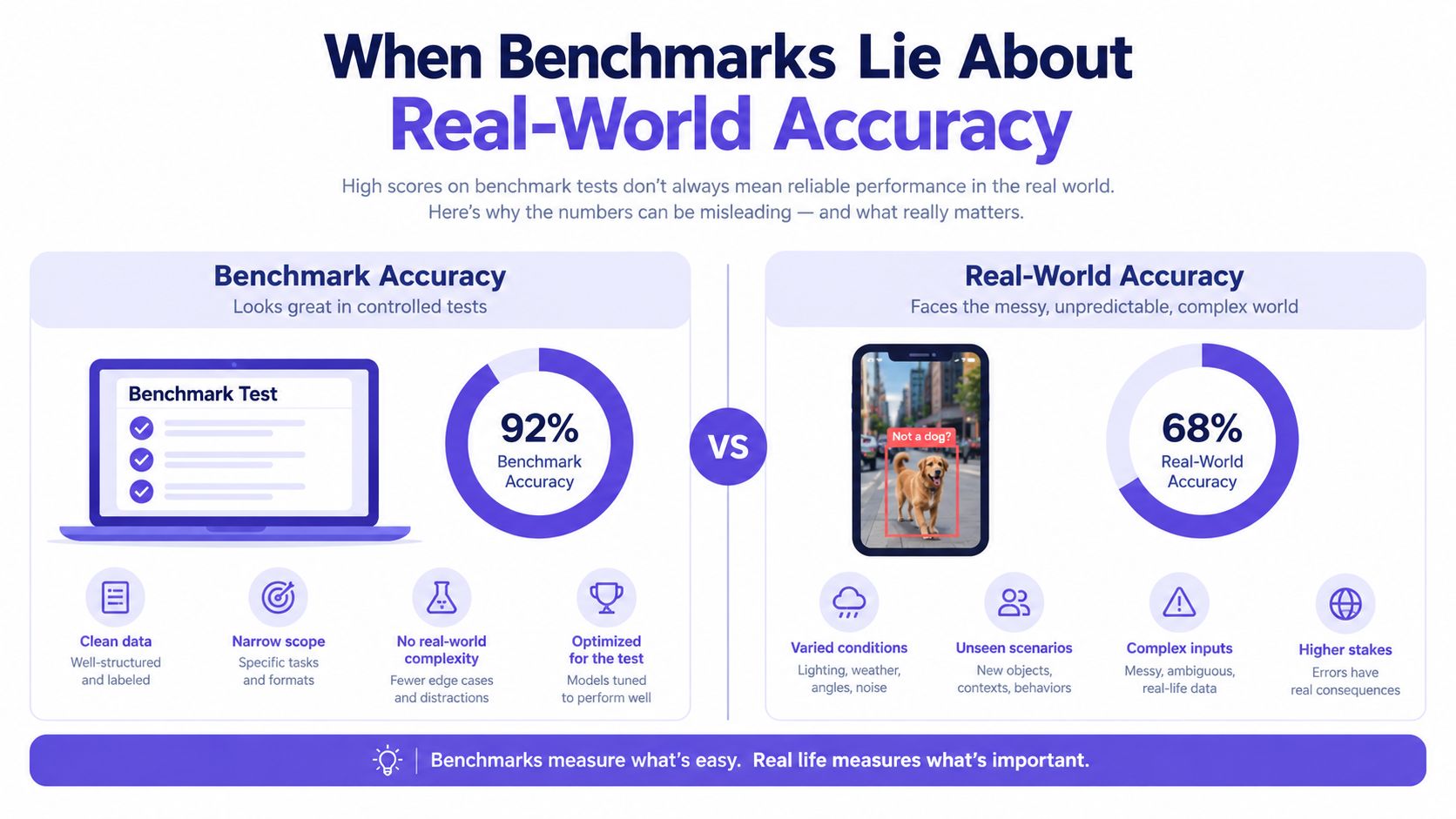 An infographic showing the discrepancy between high artificial benchmark accuracy and lower real-world model performance.