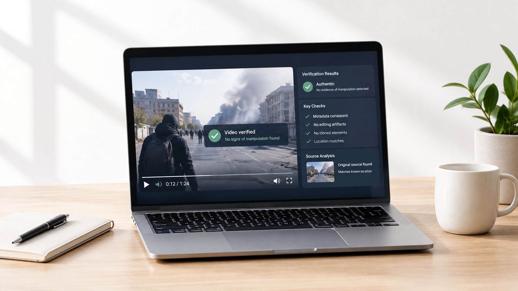A laptop on a wooden desk displaying digital video verification software analyzing footage of a city scene.