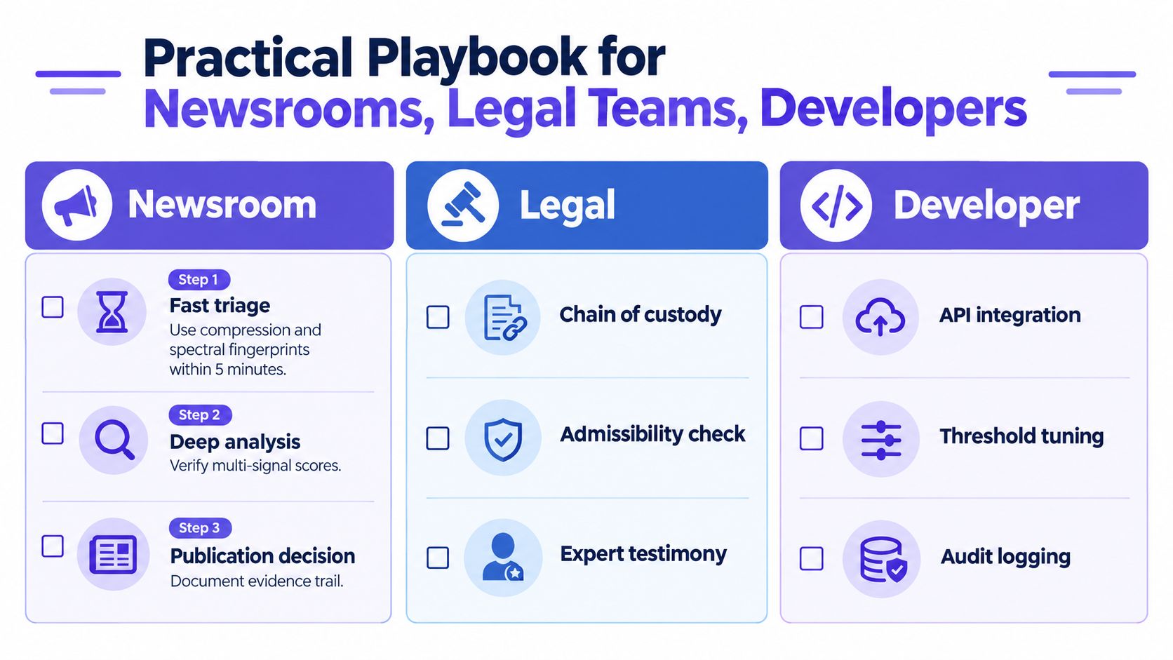 An infographic illustrating a three-part workflow playbook for newsrooms, legal teams, and software developers.