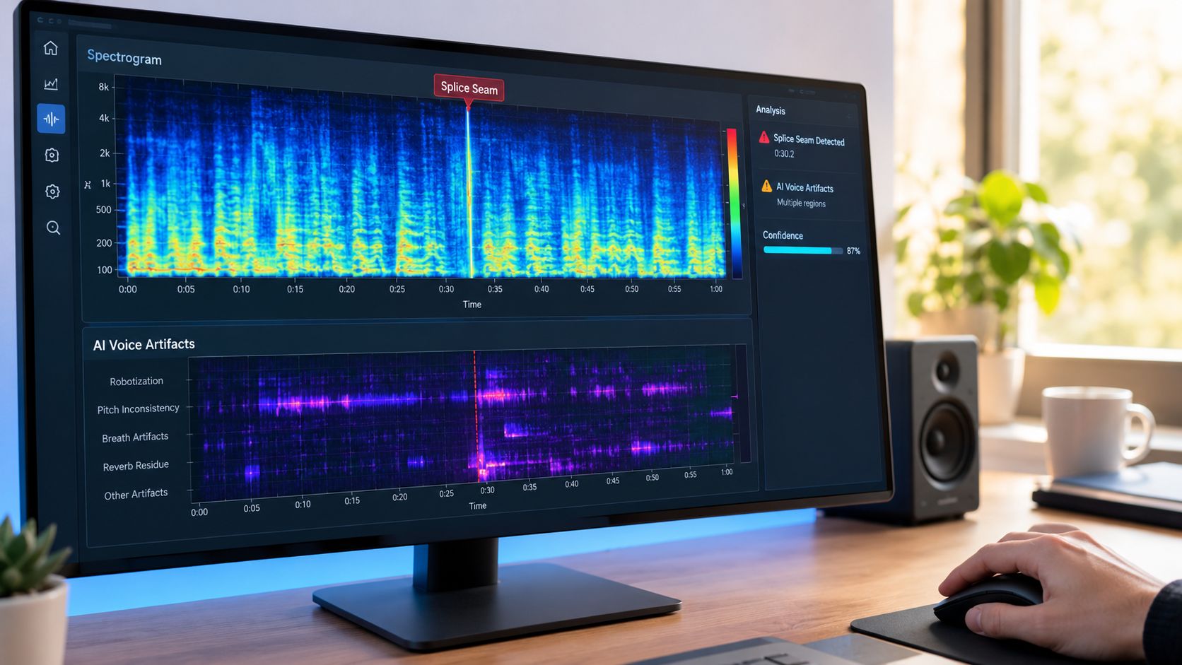 A computer screen displaying an audio forensic software interface showing spectrogram analysis of AI voice artifacts.