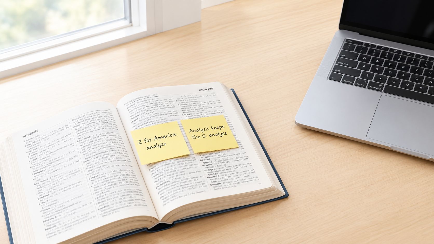 A dictionary open on a desk next to a laptop with sticky notes explaining spelling differences.