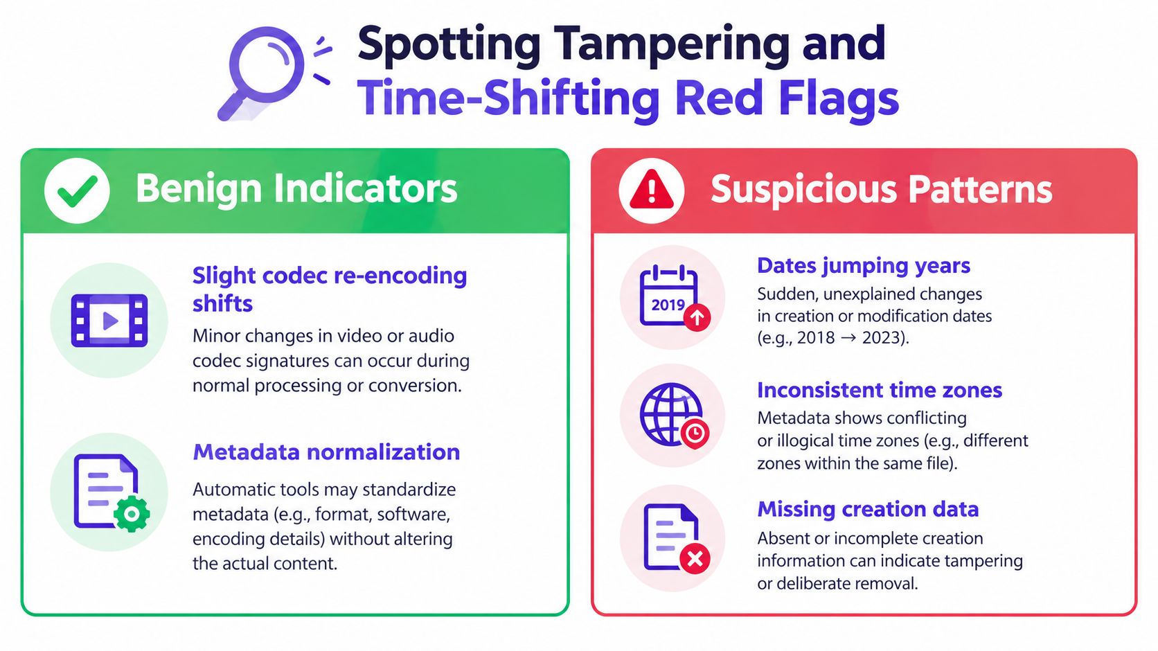 An infographic detailing benign indicators and suspicious patterns for identifying potential digital file tampering and time-shifting red flags.