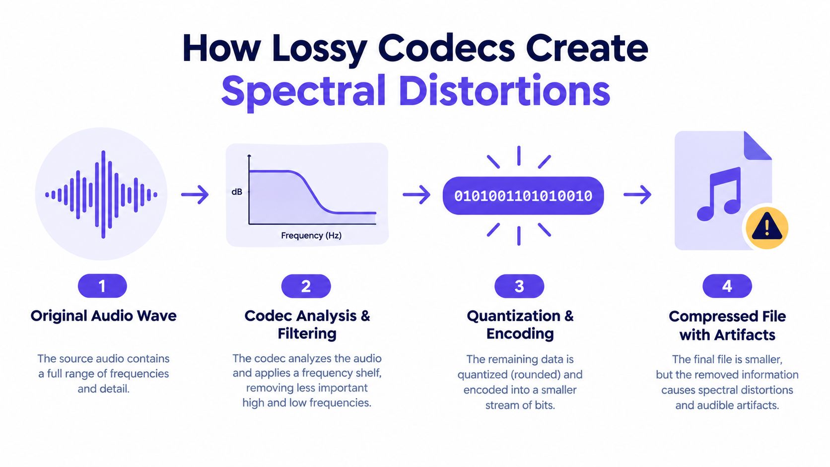 A diagram explaining how lossy audio codecs create spectral distortions through a four-step compression process.